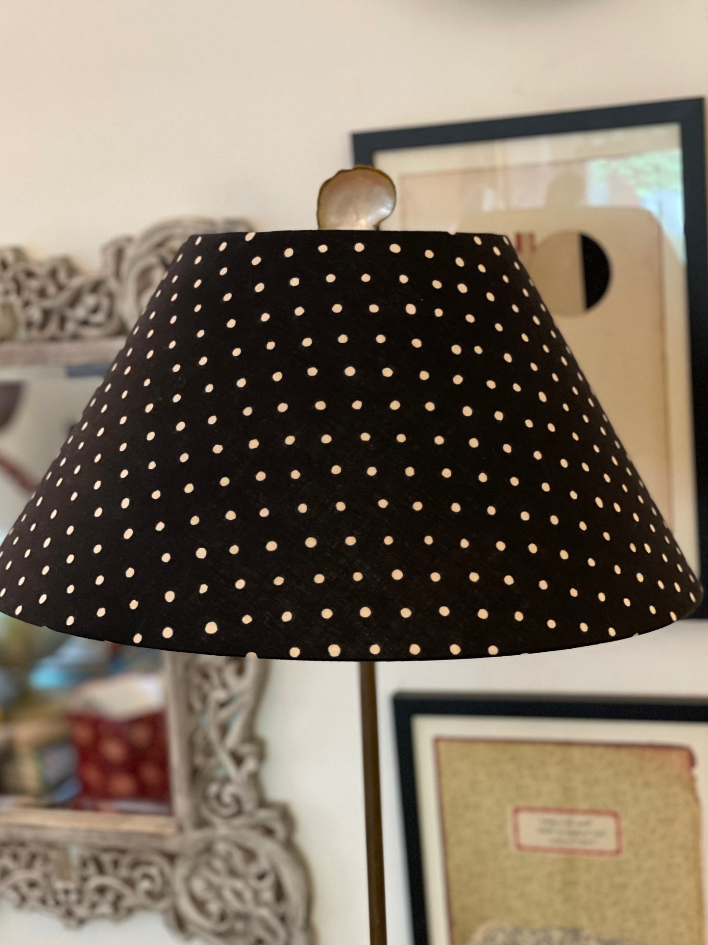 Large Conical Lampshade. Indian Hand Block Print. Black with Gentle Off-White Polka Dot.