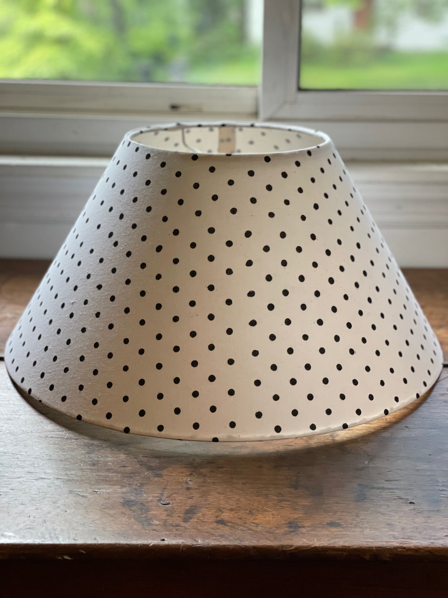 Large Conical Lampshade. Indian Hand Block Print. White with Black Polka Dot.