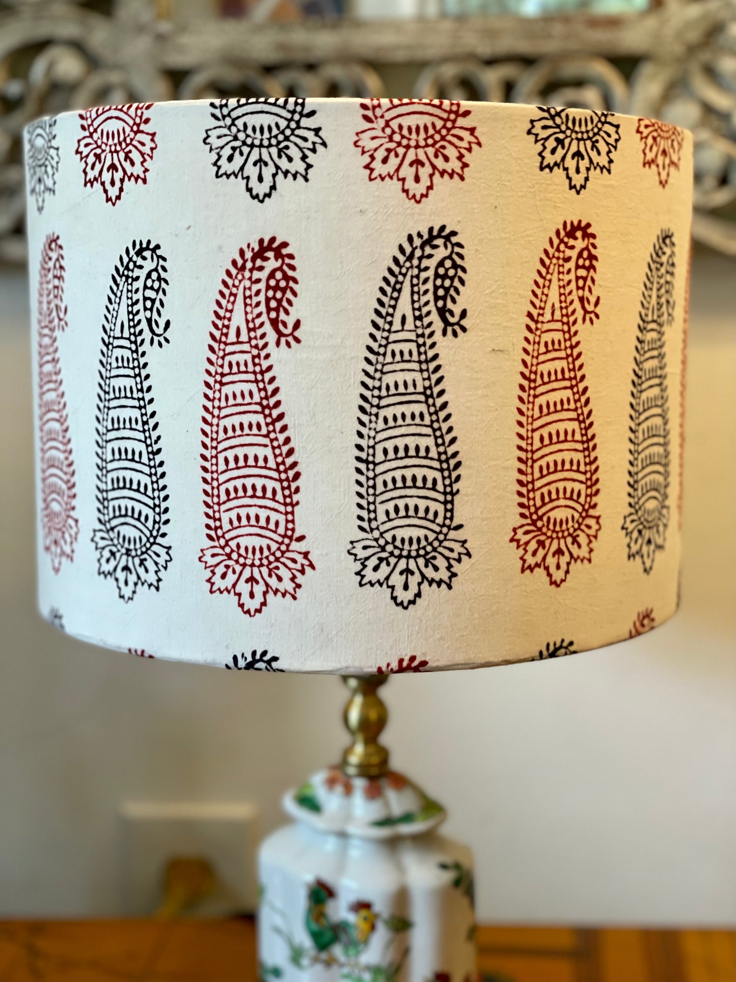 10 inch Drum Lampshade. Bagh Indian Hand Block. Ecru with Maroon and Black Elongated Buta Motif.