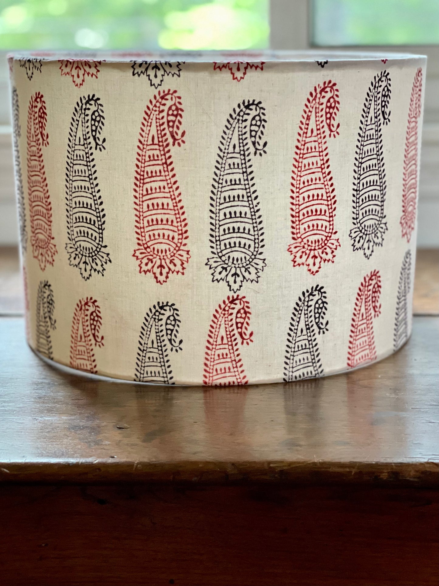 12 inch Drum Lampshade. Bagh Indian Hand Block. Ecru with Maroon and Black Elongated Buta Motif.