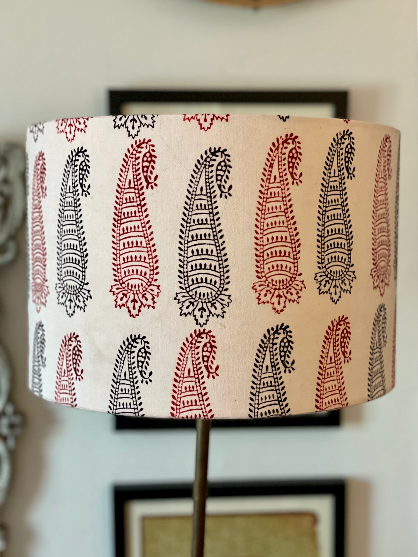 12 inch Drum Lampshade. Bagh Indian Hand Block. Ecru with Maroon and Black Elongated Buta Motif.