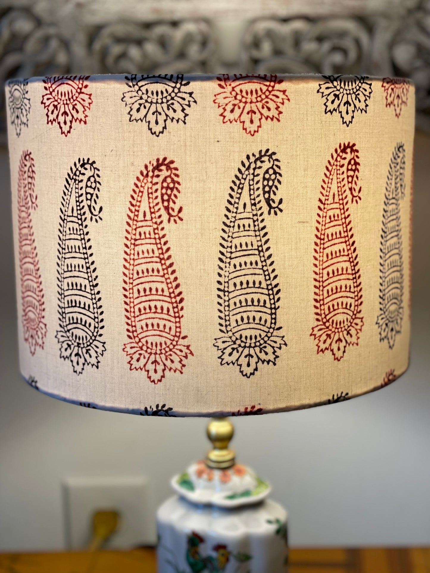 10 inch Drum Lampshade. Bagh Indian Hand Block. Ecru with Maroon and Black Elongated Buta Motif.