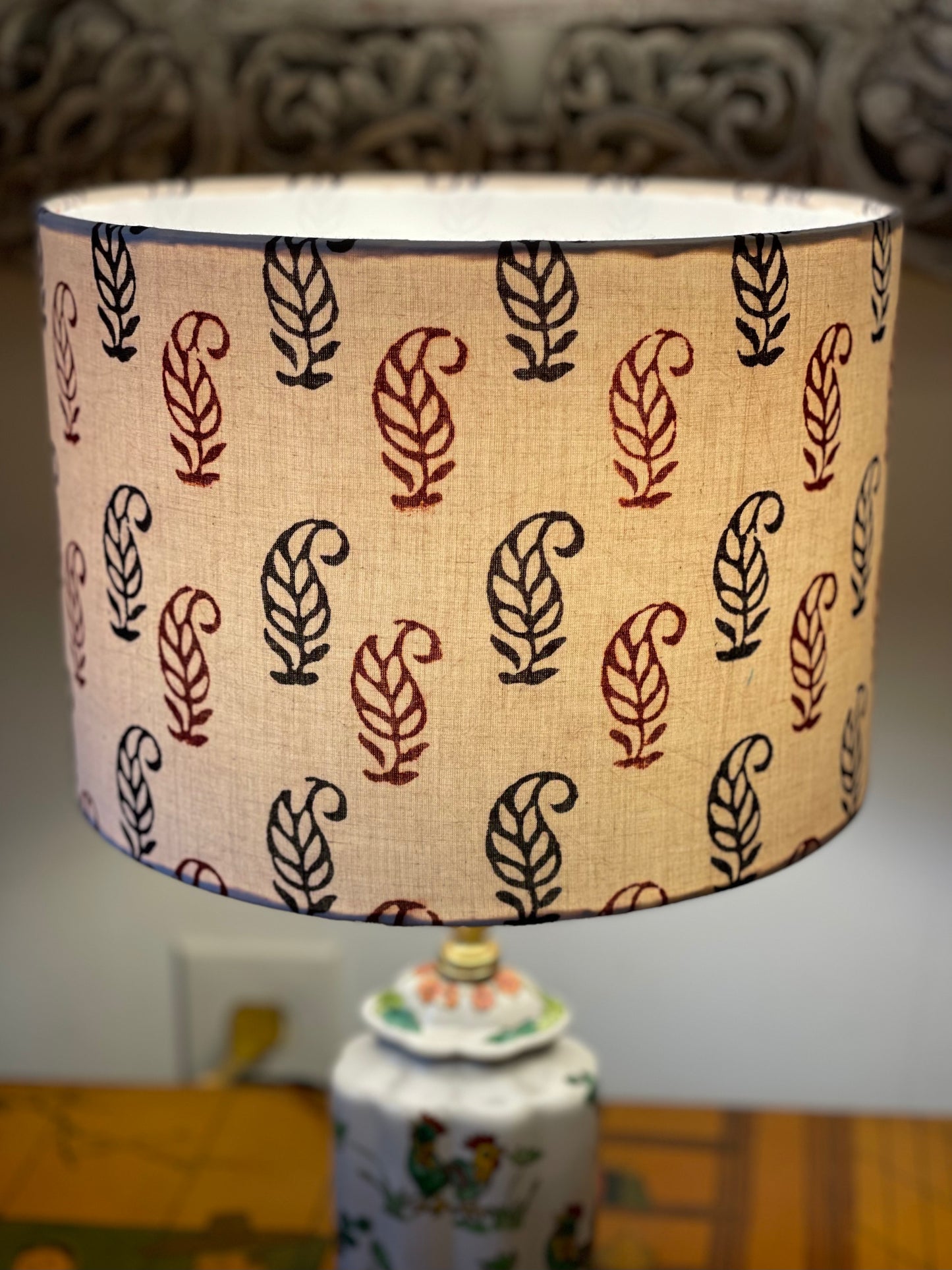 10 inch Drum Lampshade. Bagh Indian Hand Block. Ecru with Maroon and Black Buta Motif.