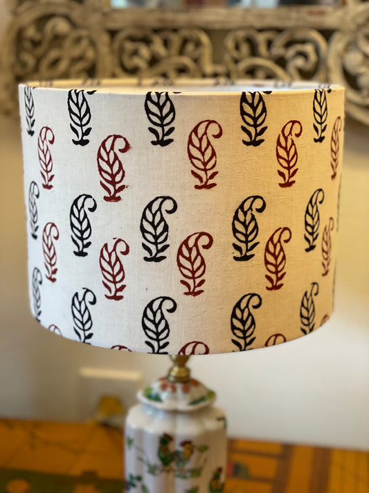 *SAMPLE SALE* 10 Inch Drum Lamp Shade. Indian Block Print. Maroon and Black on Parchment.