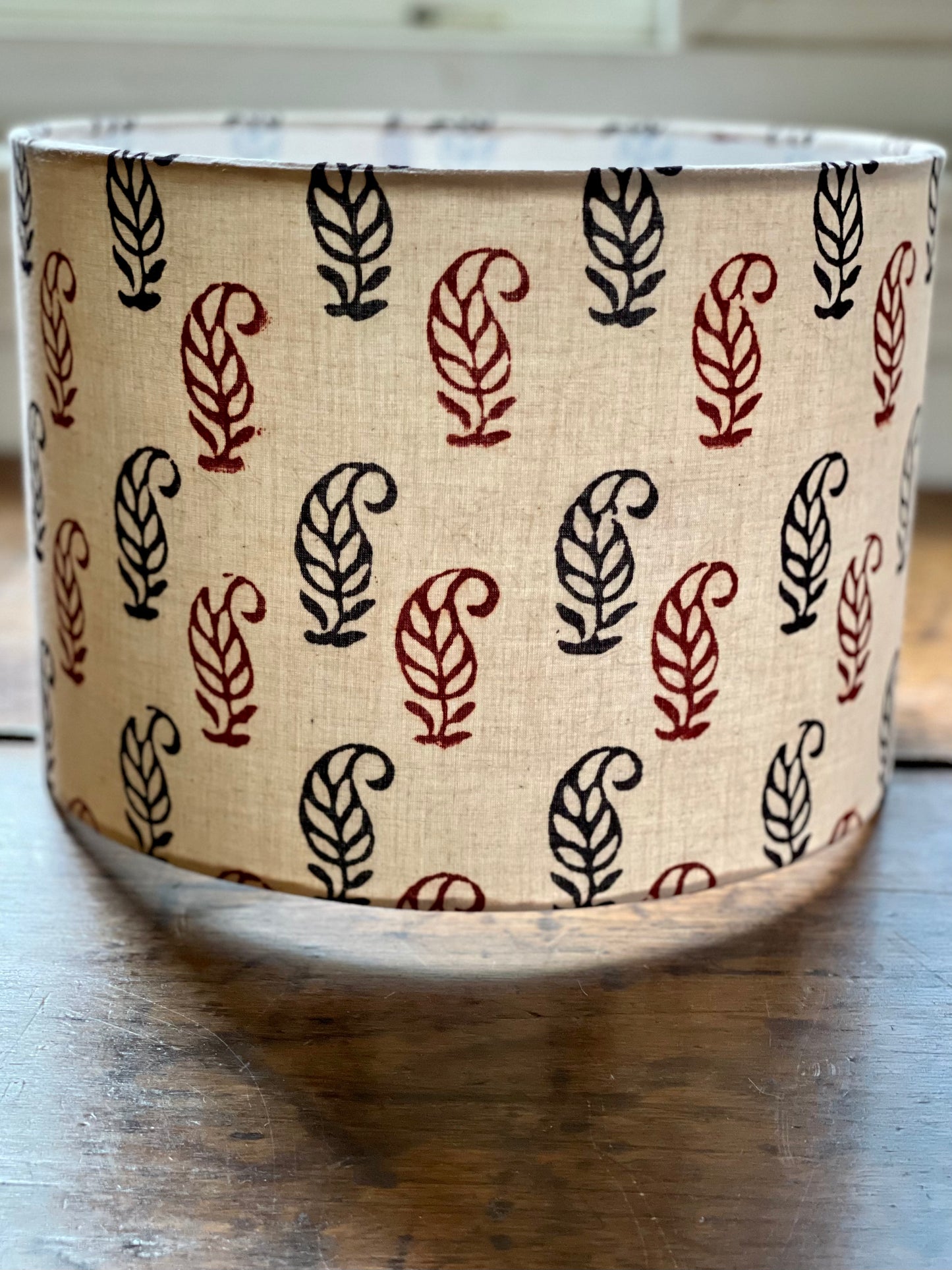 10 inch Drum Lampshade. Bagh Indian Hand Block. Ecru with Maroon and Black Buta Motif.