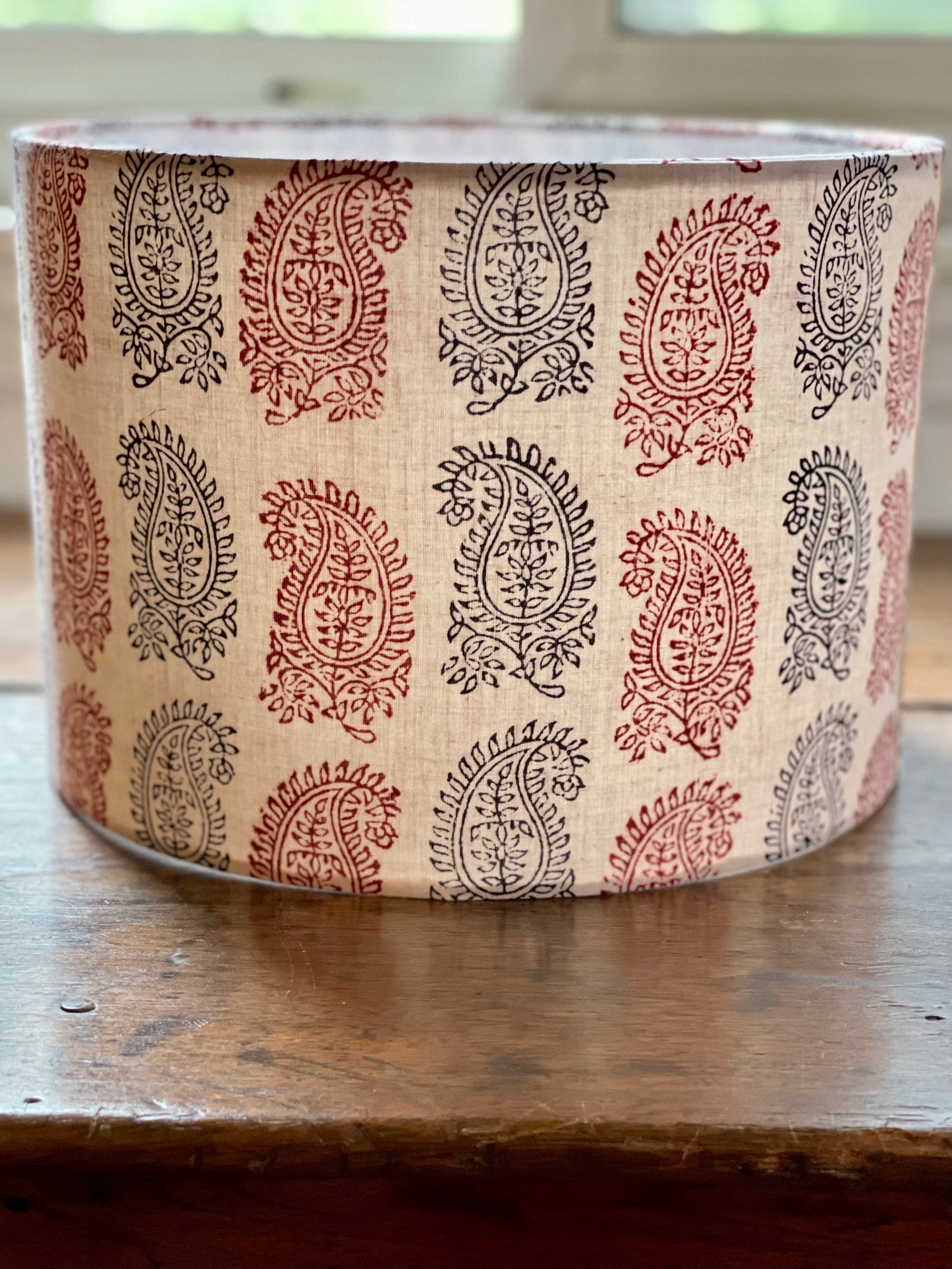 10 inch Drum Lampshade. Bagh Indian Hand Block. Ecru with Maroon and Black Fancy Paisley Motif.