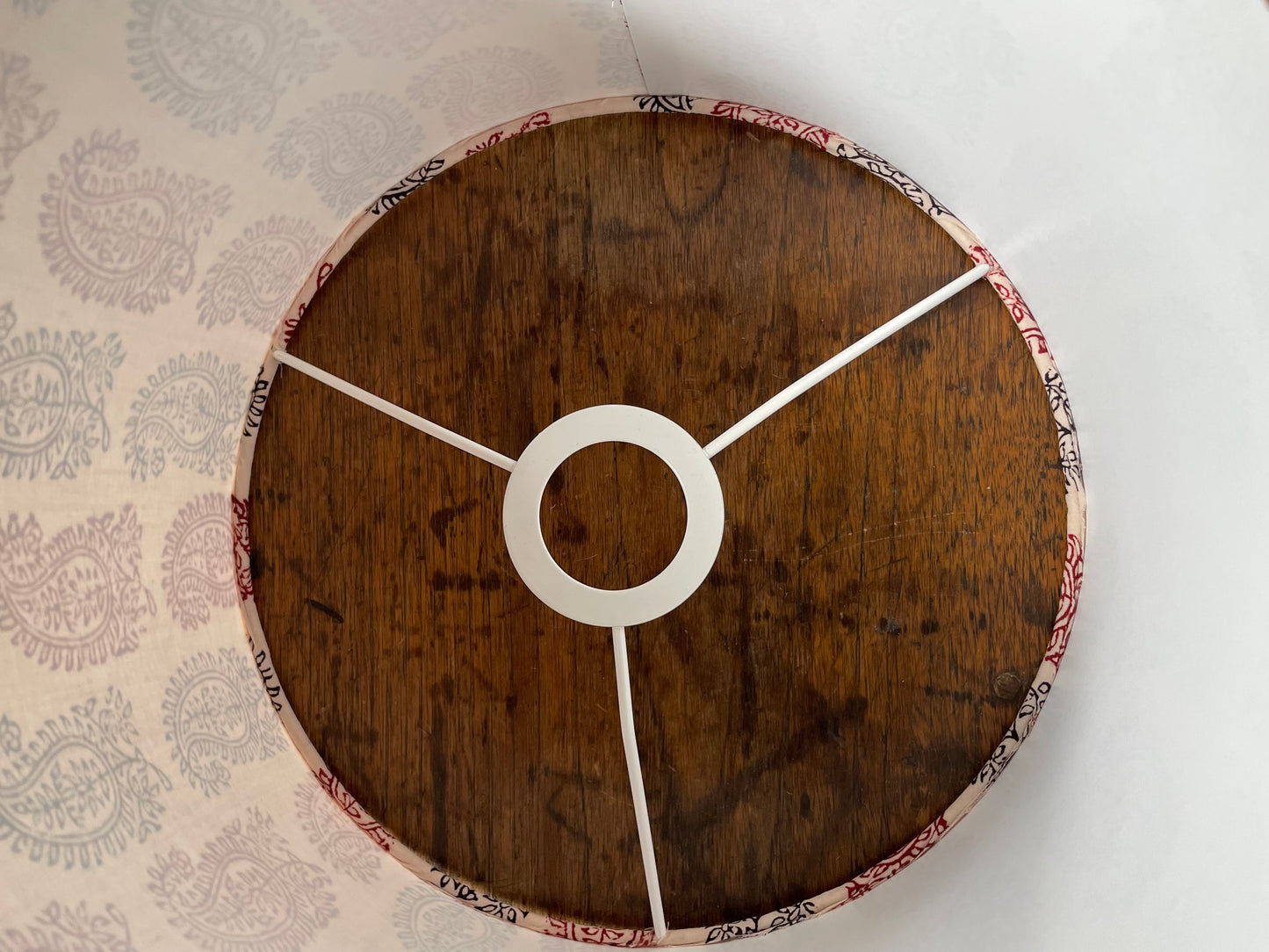 10 inch Drum Lampshade. Bagh Indian Hand Block. Ecru with Maroon and Black Fancy Paisley Motif.