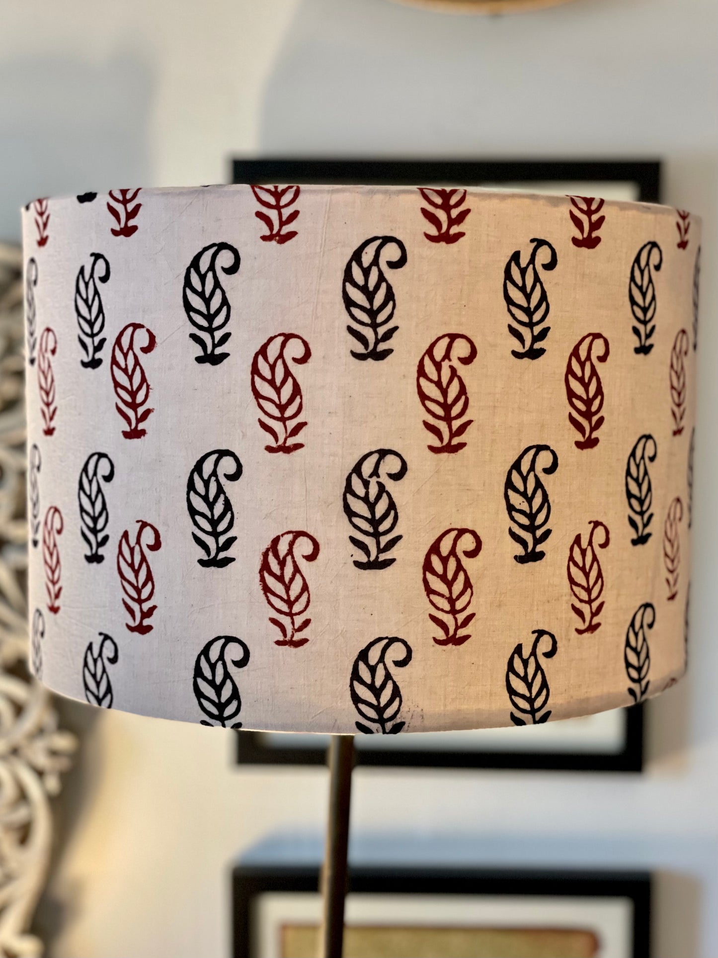 12 inch Drum Lampshade. Bagh Indian Hand Block. Ecru with Maroon and Black Buta Motif.