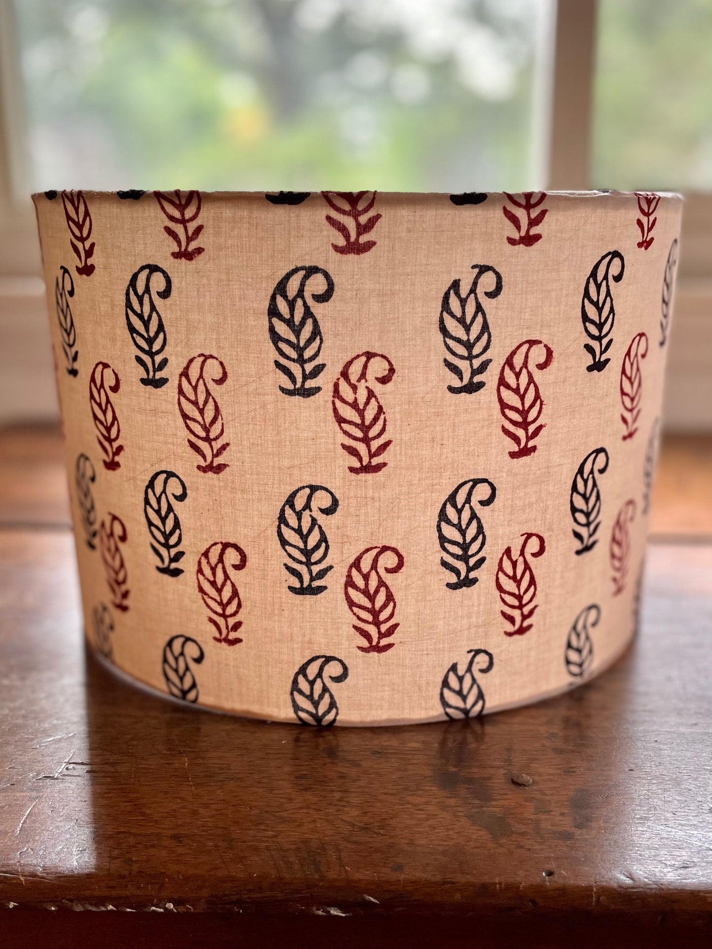 12 inch Drum Lampshade. Bagh Indian Hand Block. Ecru with Maroon and Black Buta Motif.