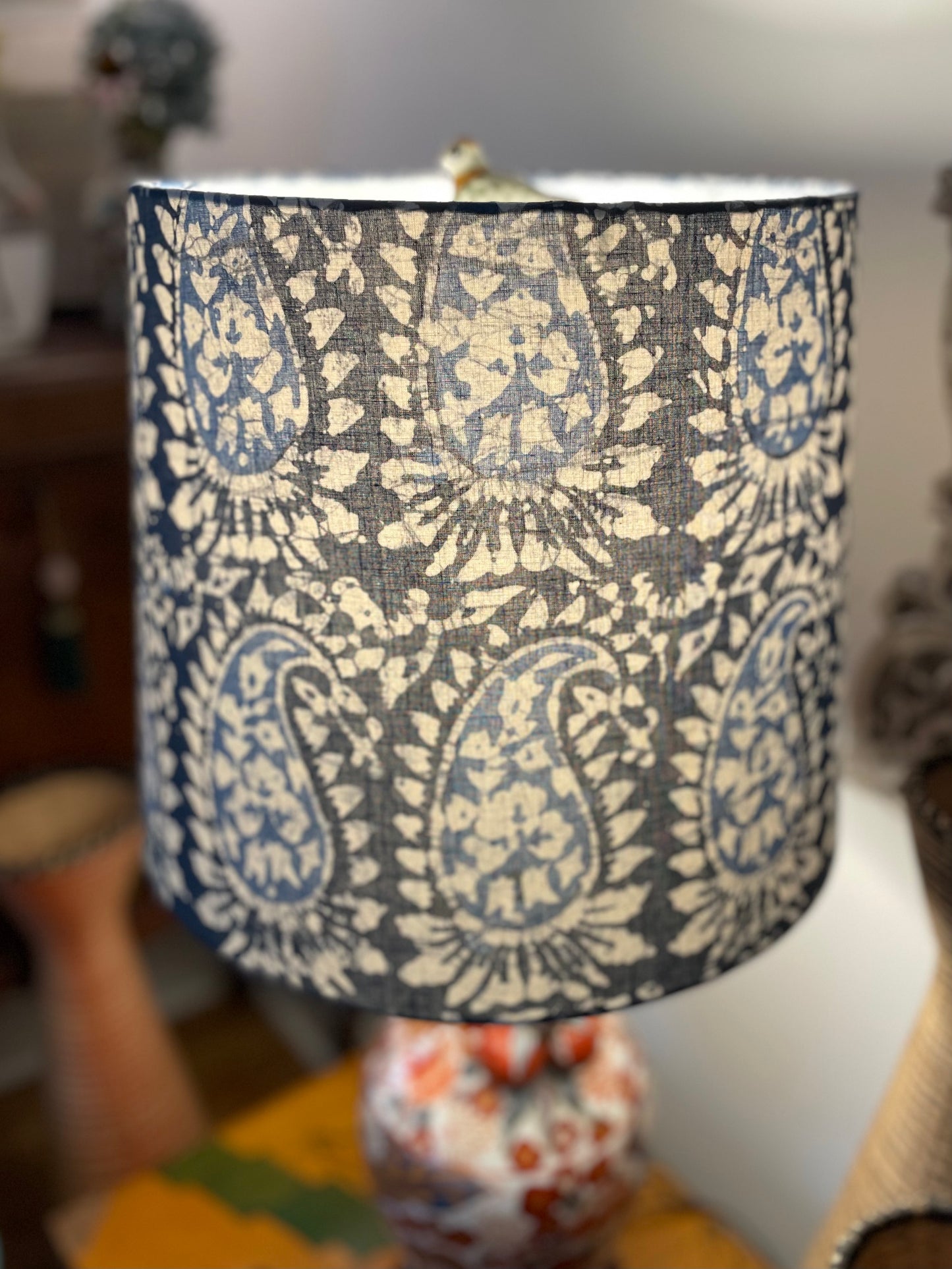 Large Empire Lampshade. 11.75 x 13.75 x 11.75. Indian Hand Batik. Shades of Indigo Blue Paisley.