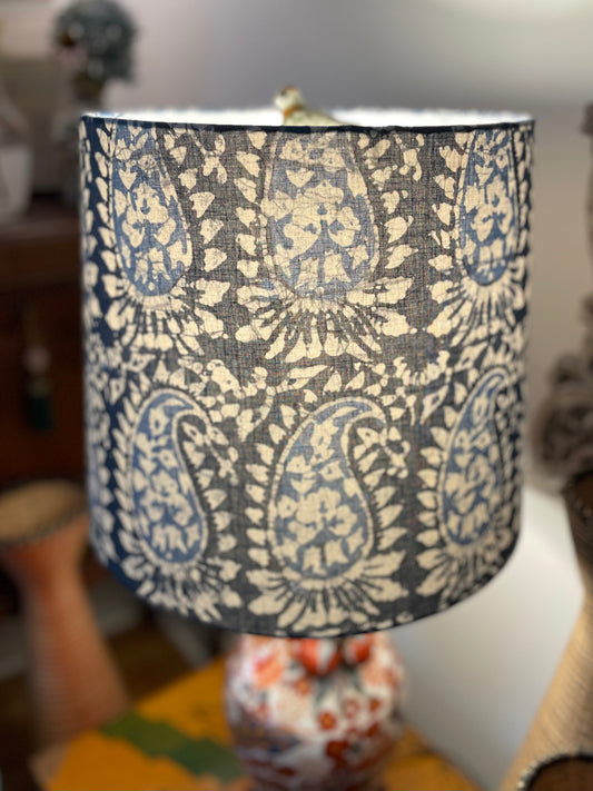 Large Empire Lampshade. 11.75 x 13.75 x 11.75. Indian Hand Batik. Shades of Indigo Blue Paisley.