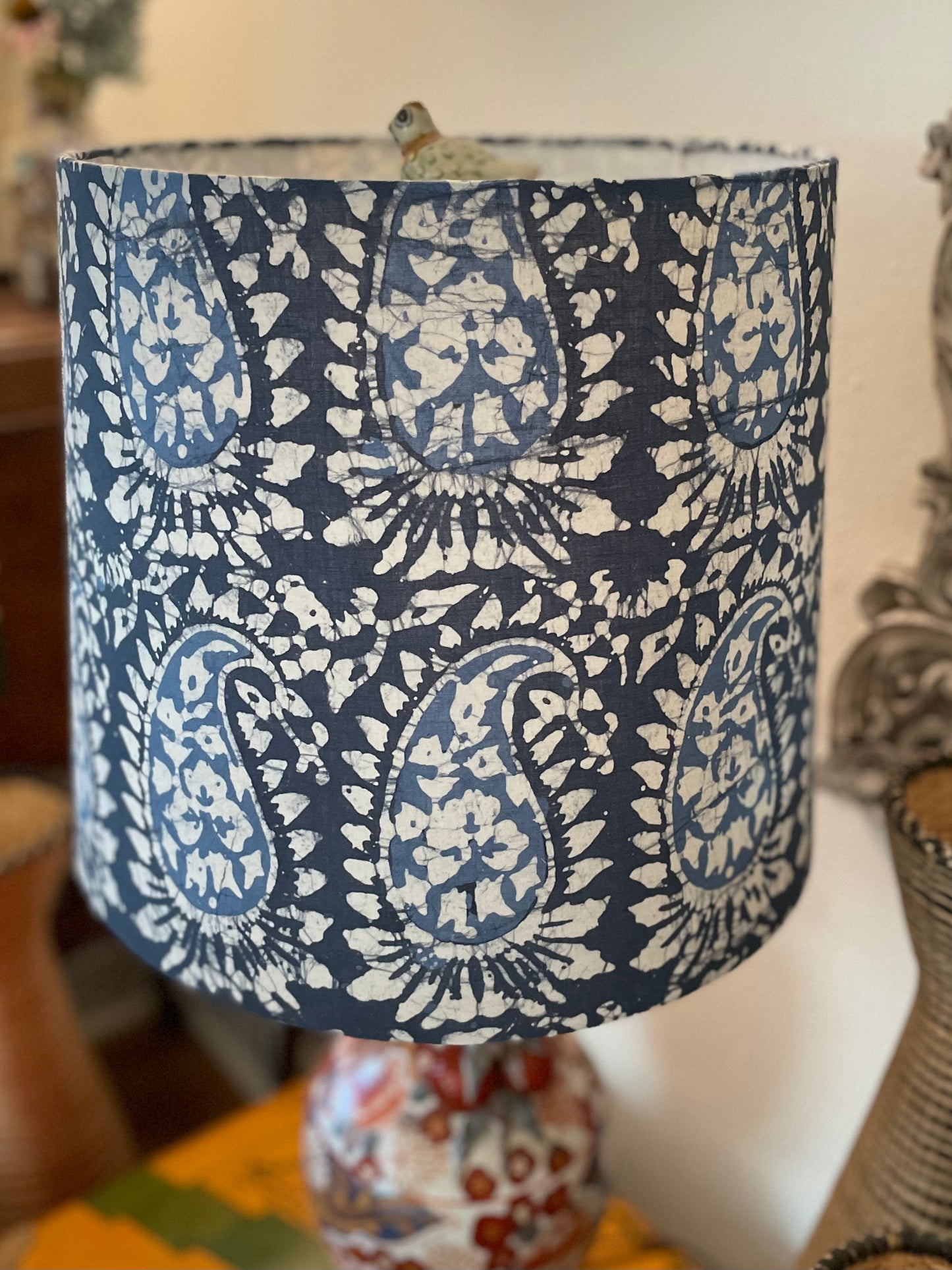 Large Empire Lampshade. 11.75 x 13.75 x 11.75. Indian Hand Batik. Shades of Indigo Blue Paisley.