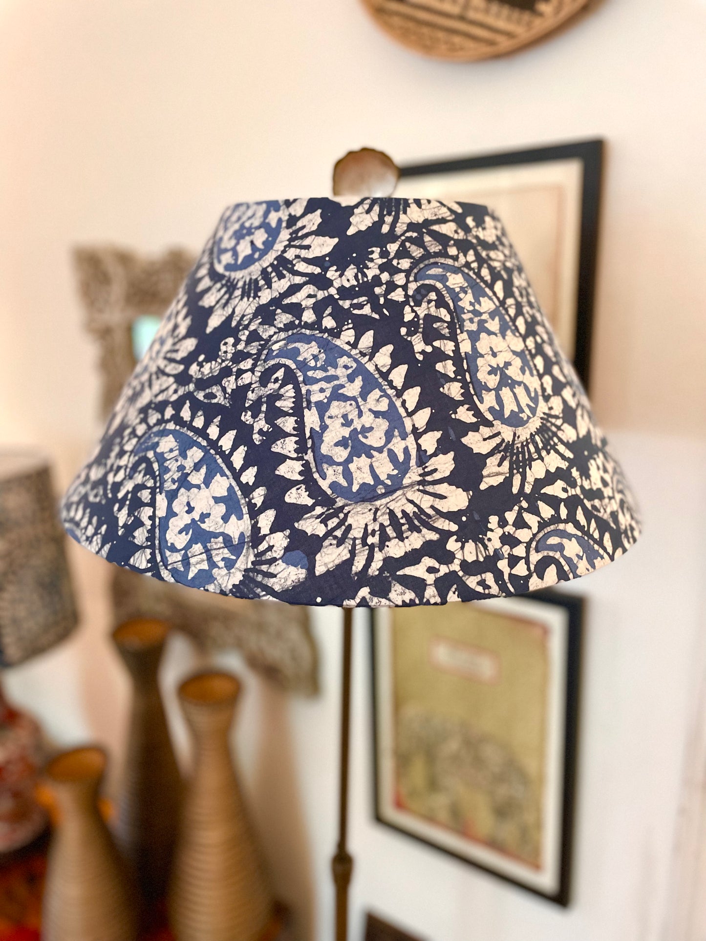 Large Conical Lampshade. Indian Hand Batik. Shades of Indigo Blue Paisley.