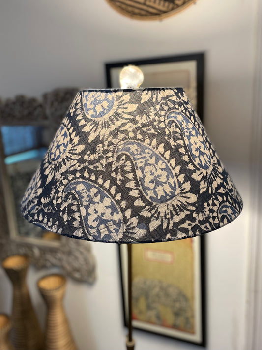 Large Conical Lampshade. Indian Hand Batik. Shades of Indigo Blue Paisley.