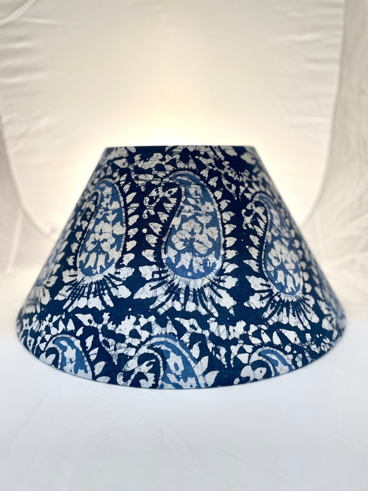 Large Conical Lampshade. Indian Hand Batik. Shades of Indigo Blue Paisley.