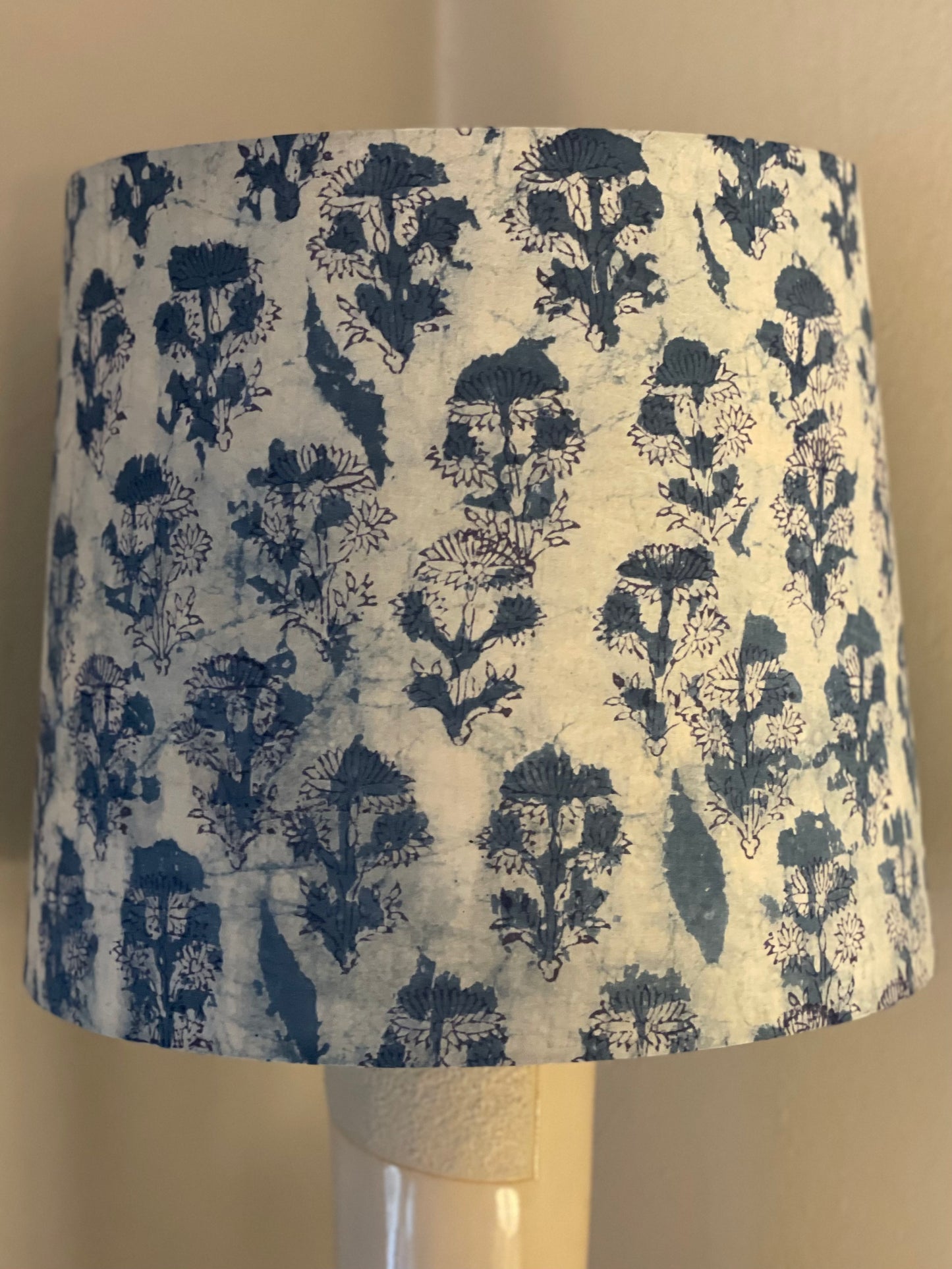 Large Empire Lampshade. 11.75 x 13.75 x 11.75. Indigo Hand Batik. Painterly Floral Blue and White.