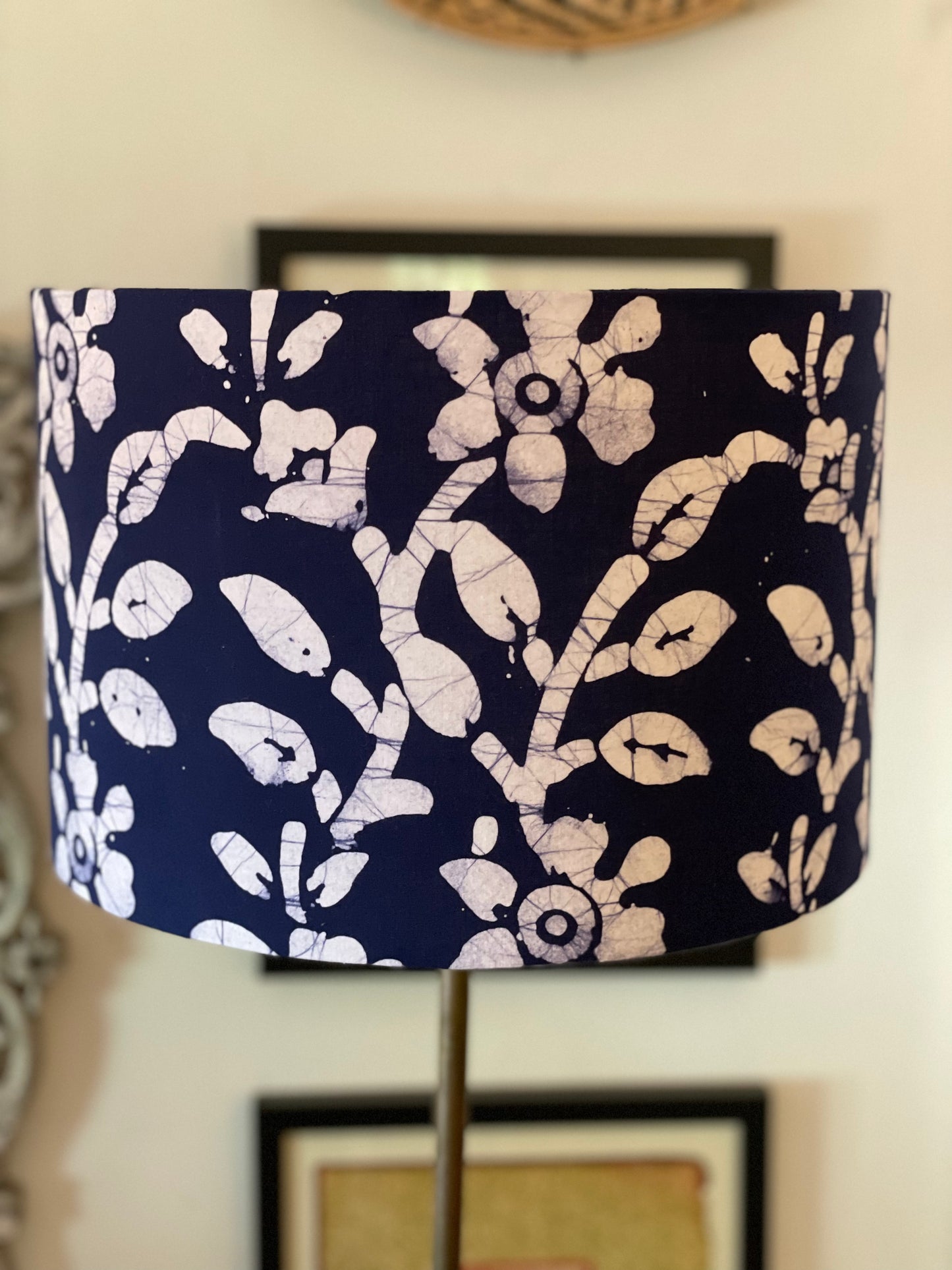12 Inch Drum Lampshade. Indigo Hand Batik. Deep Indigo Blue with White Narcissus Floral.