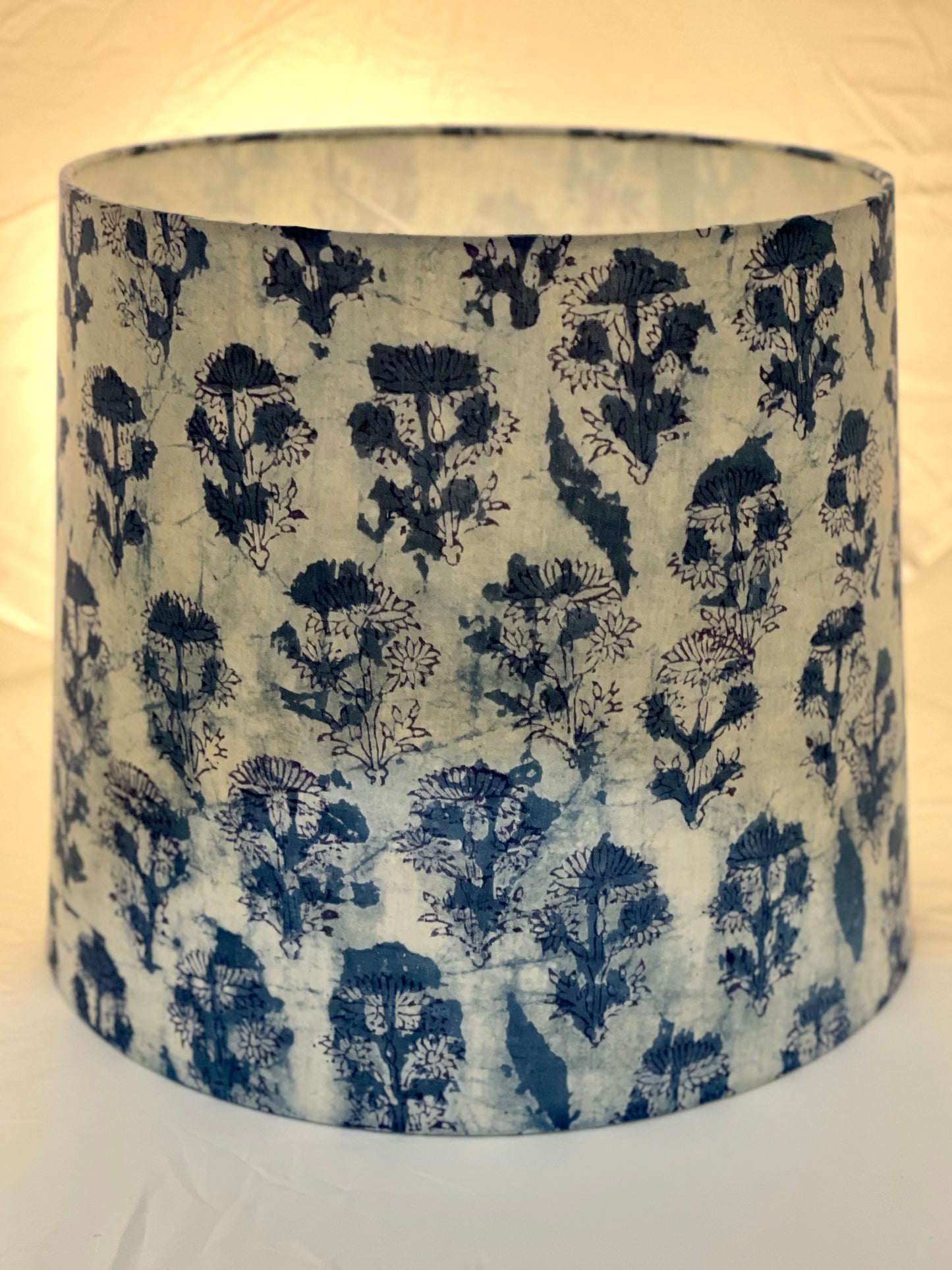 Large Empire Lampshade. 11.75 x 13.75 x 11.75. Indigo Hand Batik. Painterly Floral Blue and White.