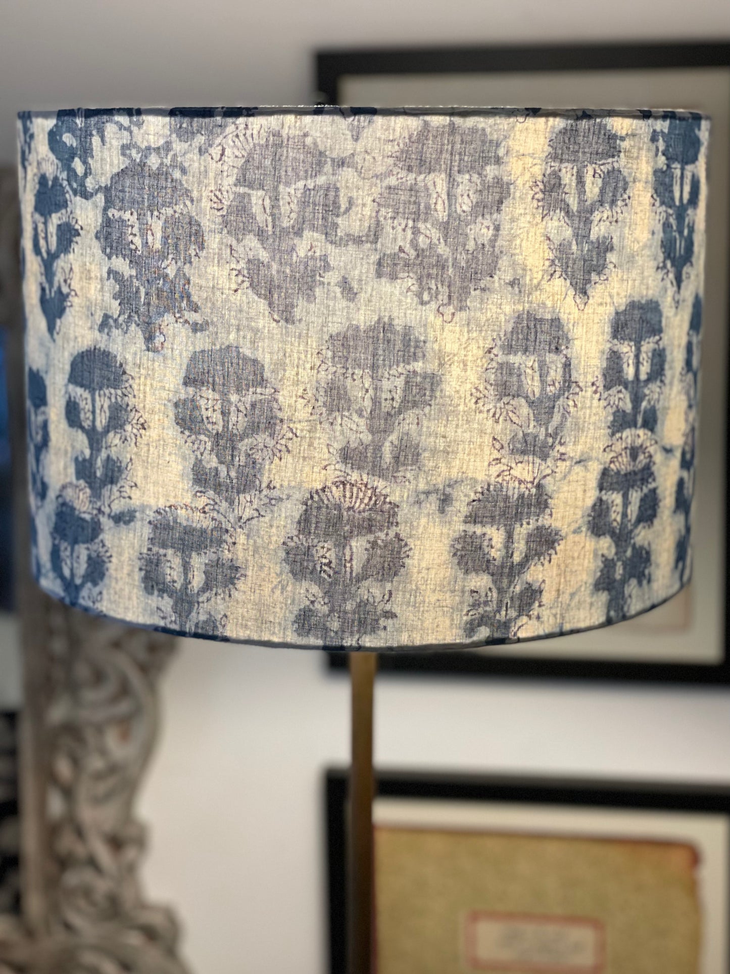 12 Inch Drum Lampshade. Indigo Hand Batik. Painterly Floral Blue and White.