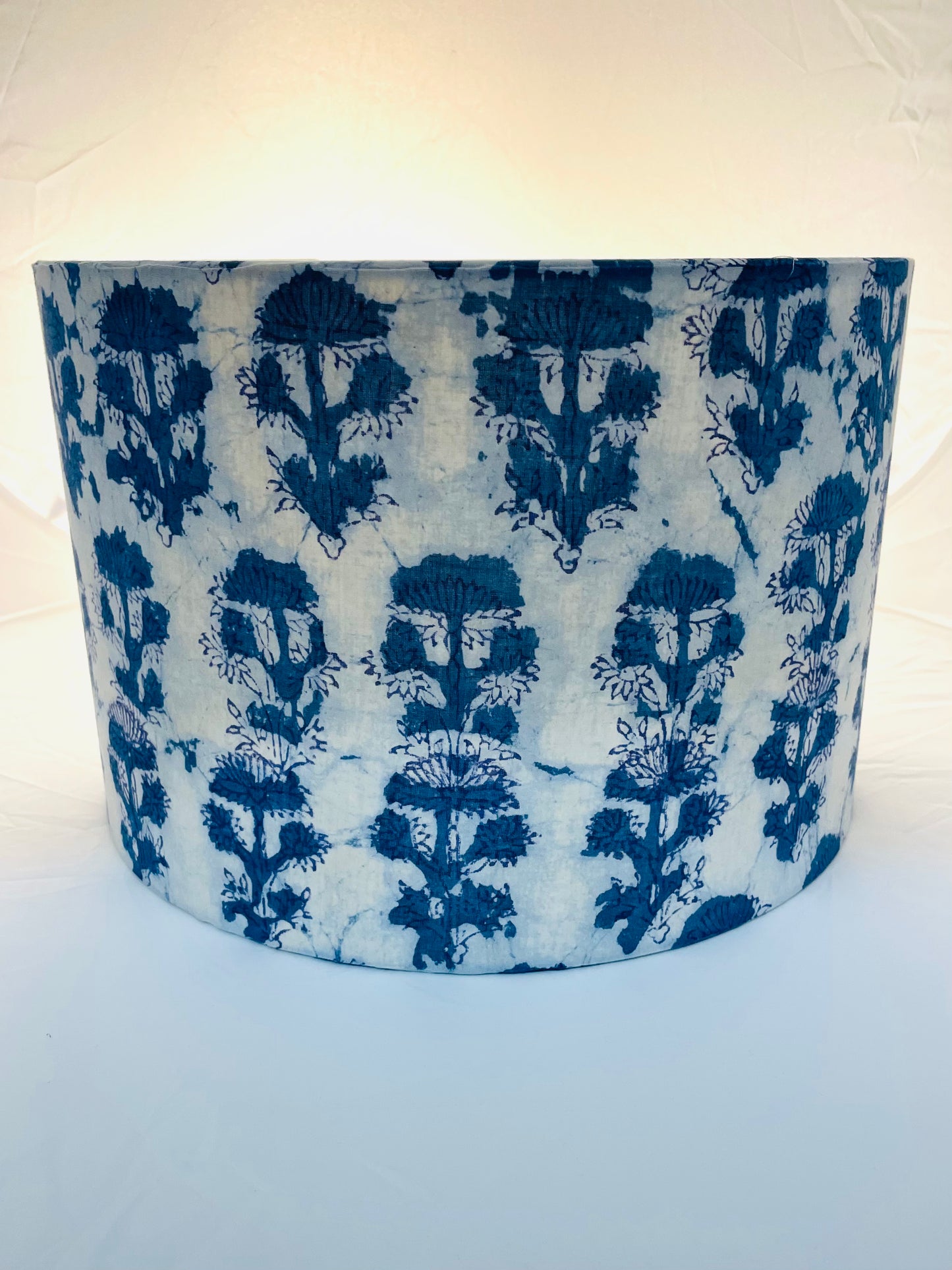 12 Inch Drum Lampshade. Indigo Hand Batik. Painterly Floral Blue and White.