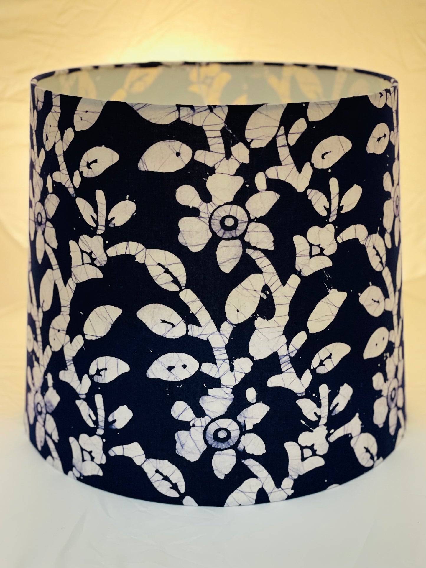 Large Empire Lampshade. 11.75 x 13.75 x 11.75. Indigo Hand Batik. Deep Indigo Blue with White Narcissus Floral.