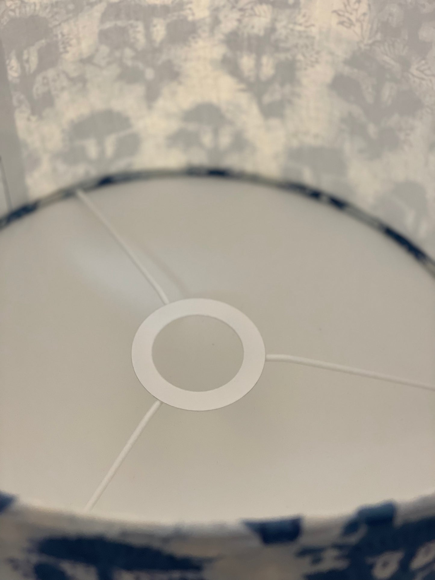 12 Inch Drum Lampshade. Indigo Hand Batik. Painterly Floral Blue and White.