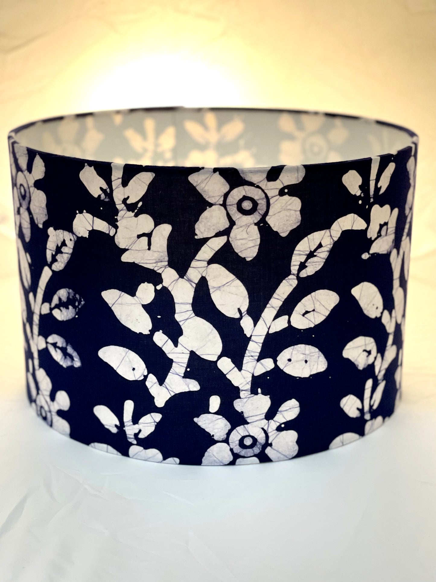 12 Inch Drum Lampshade. Indigo Hand Batik. Deep Indigo Blue with White Narcissus Floral.