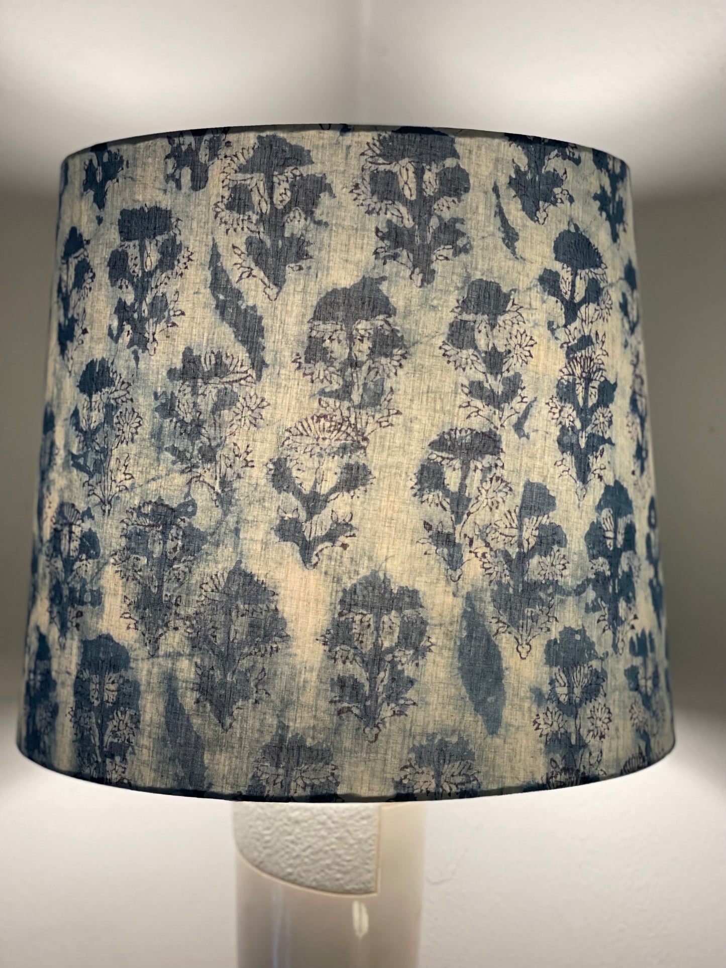 Large Empire Lampshade. 11.75 x 13.75 x 11.75. Indigo Hand Batik. Painterly Floral Blue and White.