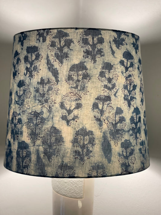 Large Empire Lampshade. 11.75 x 13.75 x 11.75. Indigo Hand Batik. Painterly Floral Blue and White.