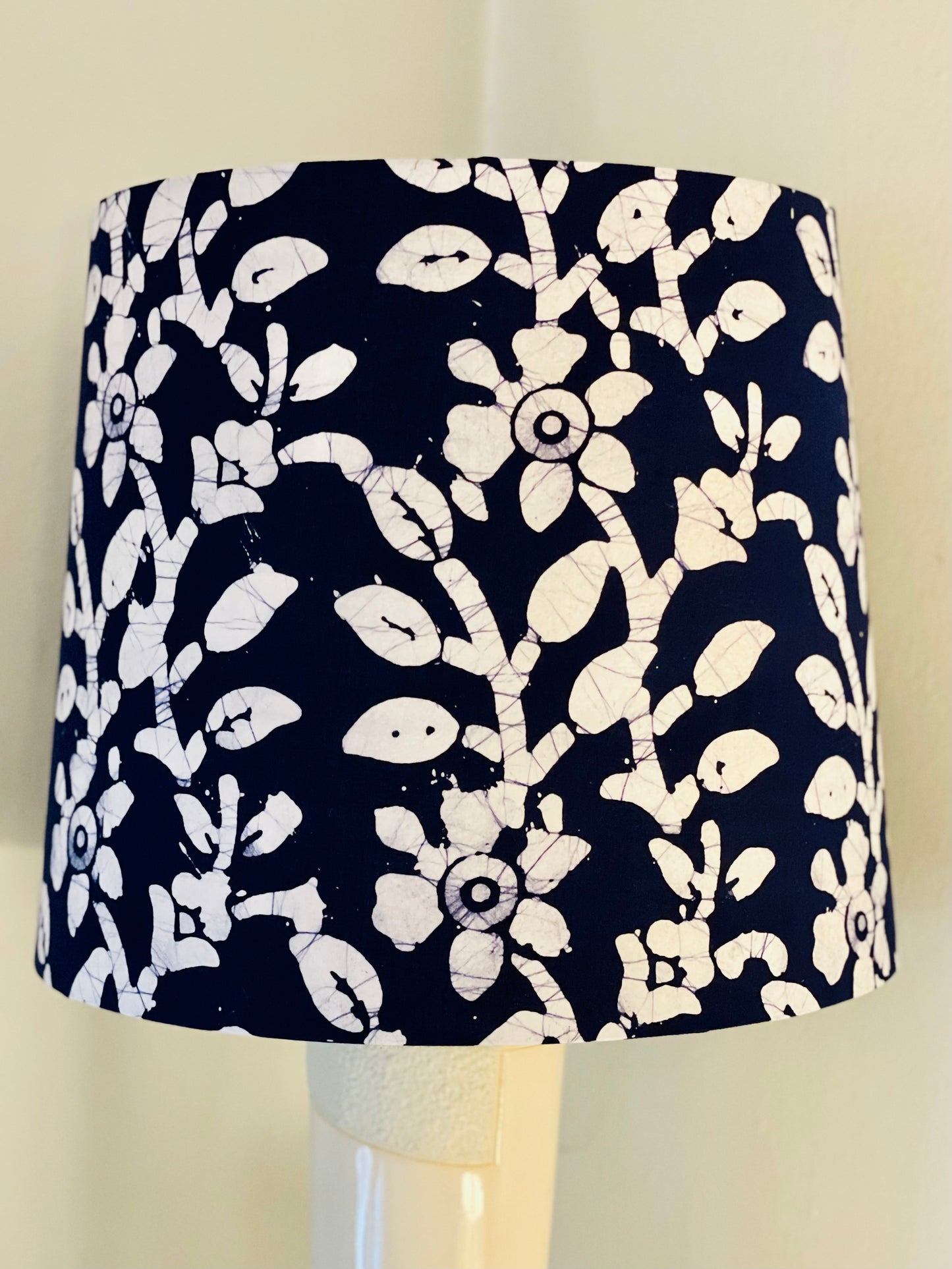 Large Empire Lampshade. 11.75 x 13.75 x 11.75. Indigo Hand Batik. Deep Indigo Blue with White Narcissus Floral.