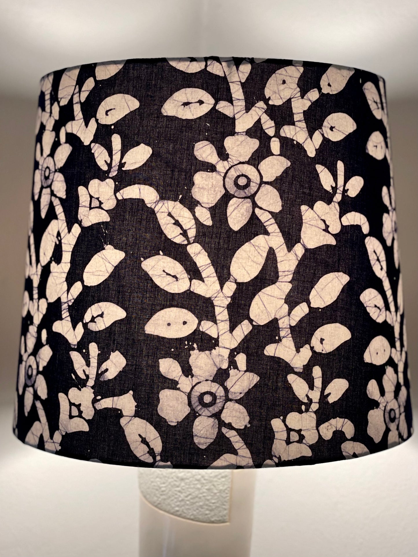 Large Empire Lampshade. 11.75 x 13.75 x 11.75. Indigo Hand Batik. Deep Indigo Blue with White Narcissus Floral.