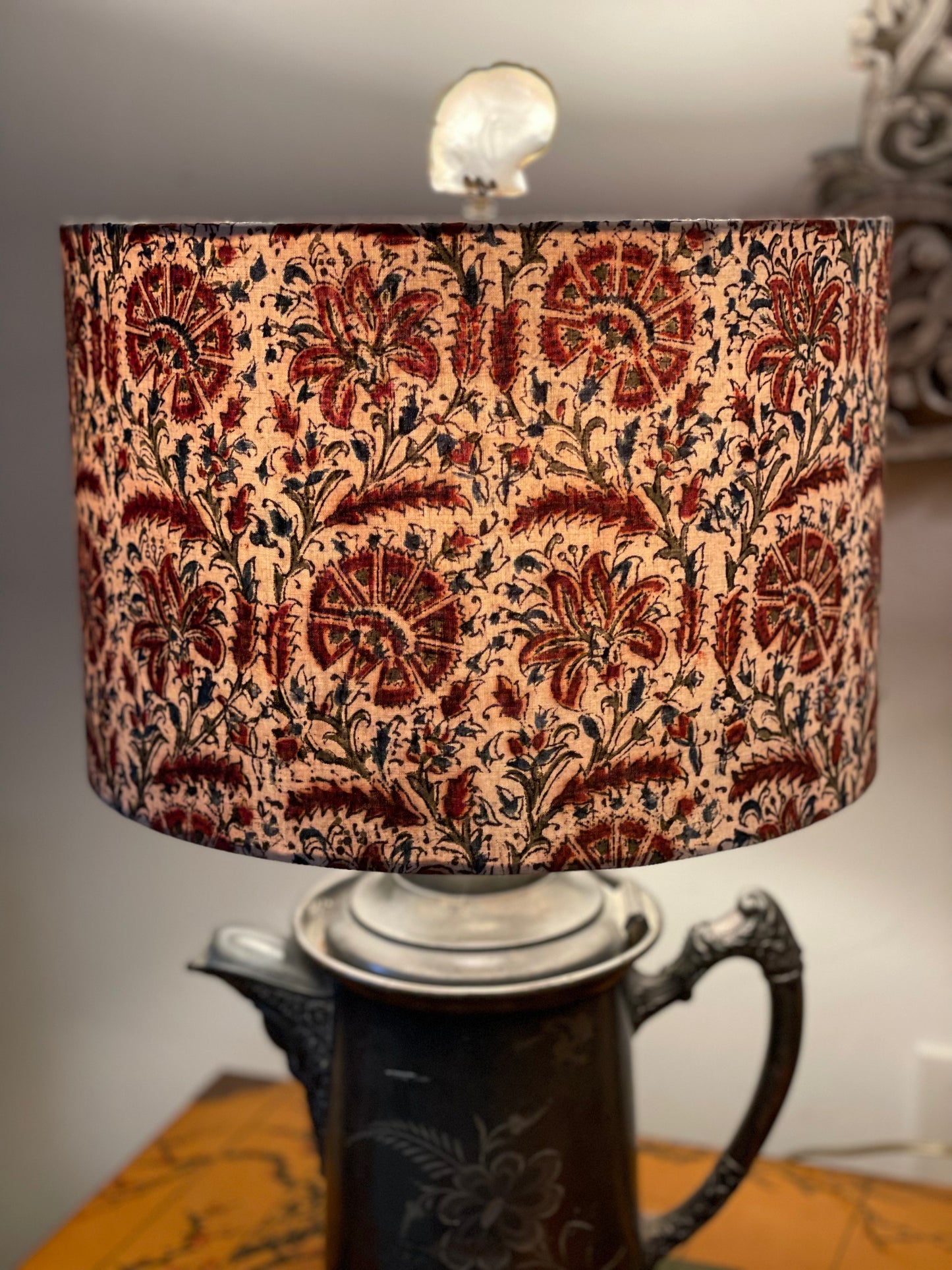 12 Inch Drum Lampshade. Kalamkari Indian Block Print. Sand with Sienna and Inky Black Floral.