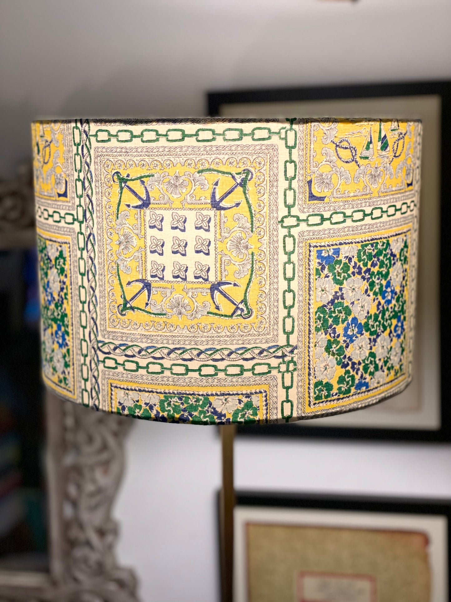 12 Inch Drum Lampshade. Japanese Cotton Lawn. Yellow, Blue, Green, and White Nautical Motif.