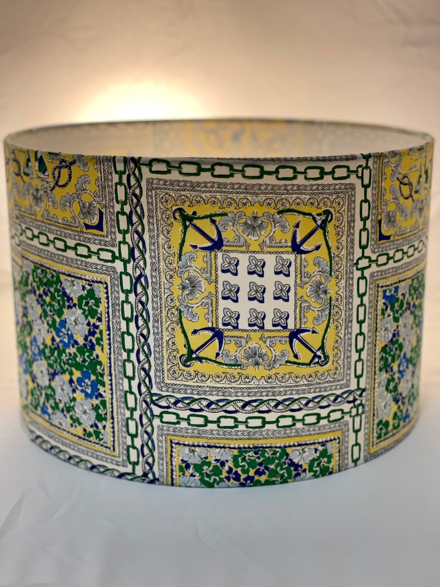 12 Inch Drum Lampshade. Japanese Cotton Lawn. Yellow, Blue, Green, and White Nautical Motif.