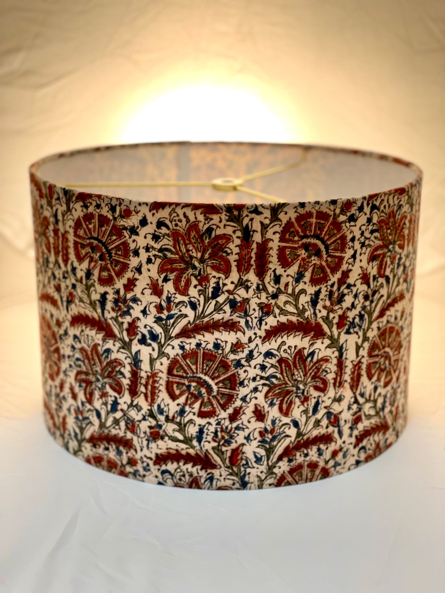 12 Inch Drum Lampshade. Kalamkari Indian Block Print. Sand with Sienna and Inky Black Floral.