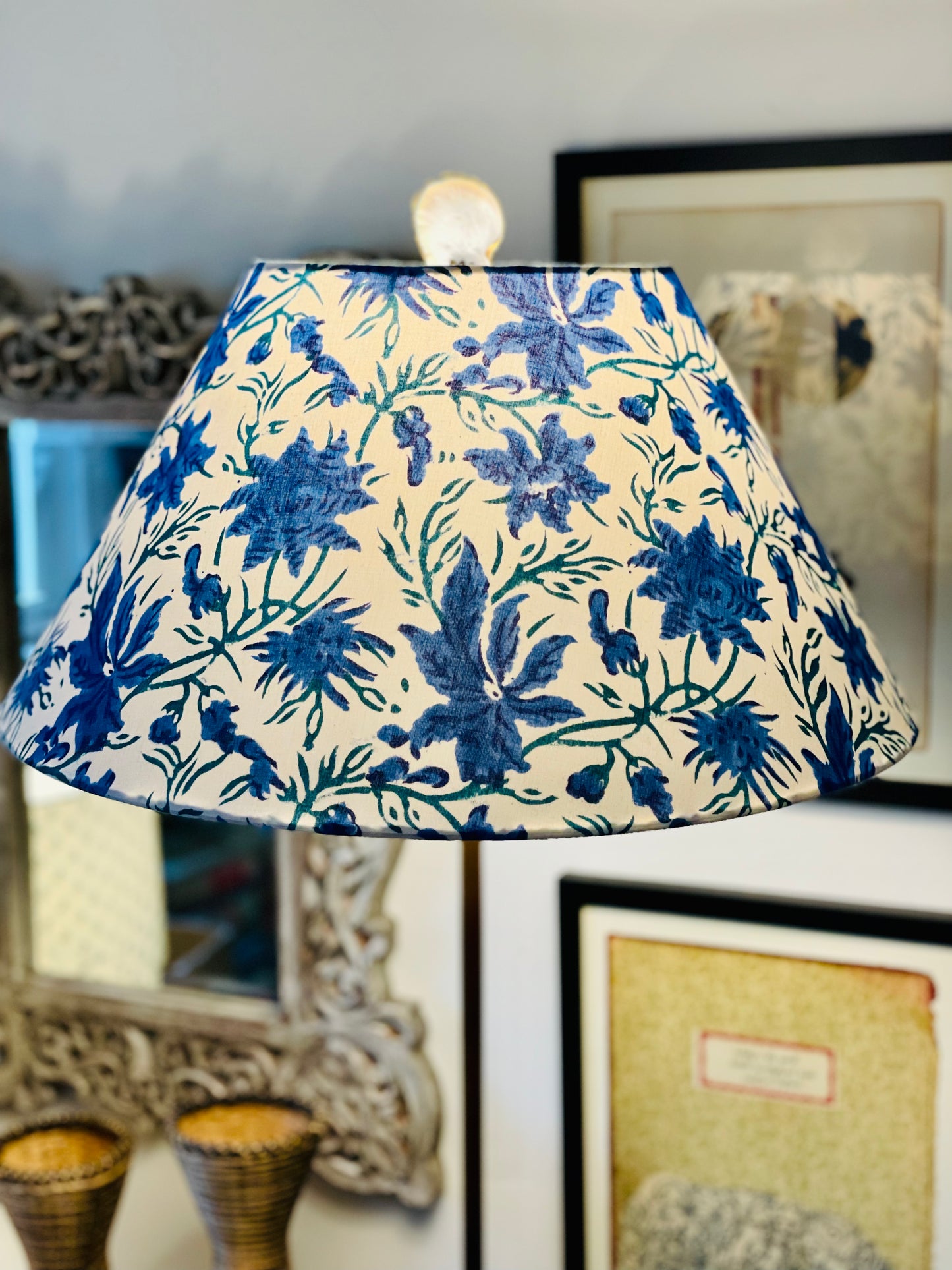 Large Conical Lampshade. Hand Block Print from India. Bright Blue and Dark Teal Floral.