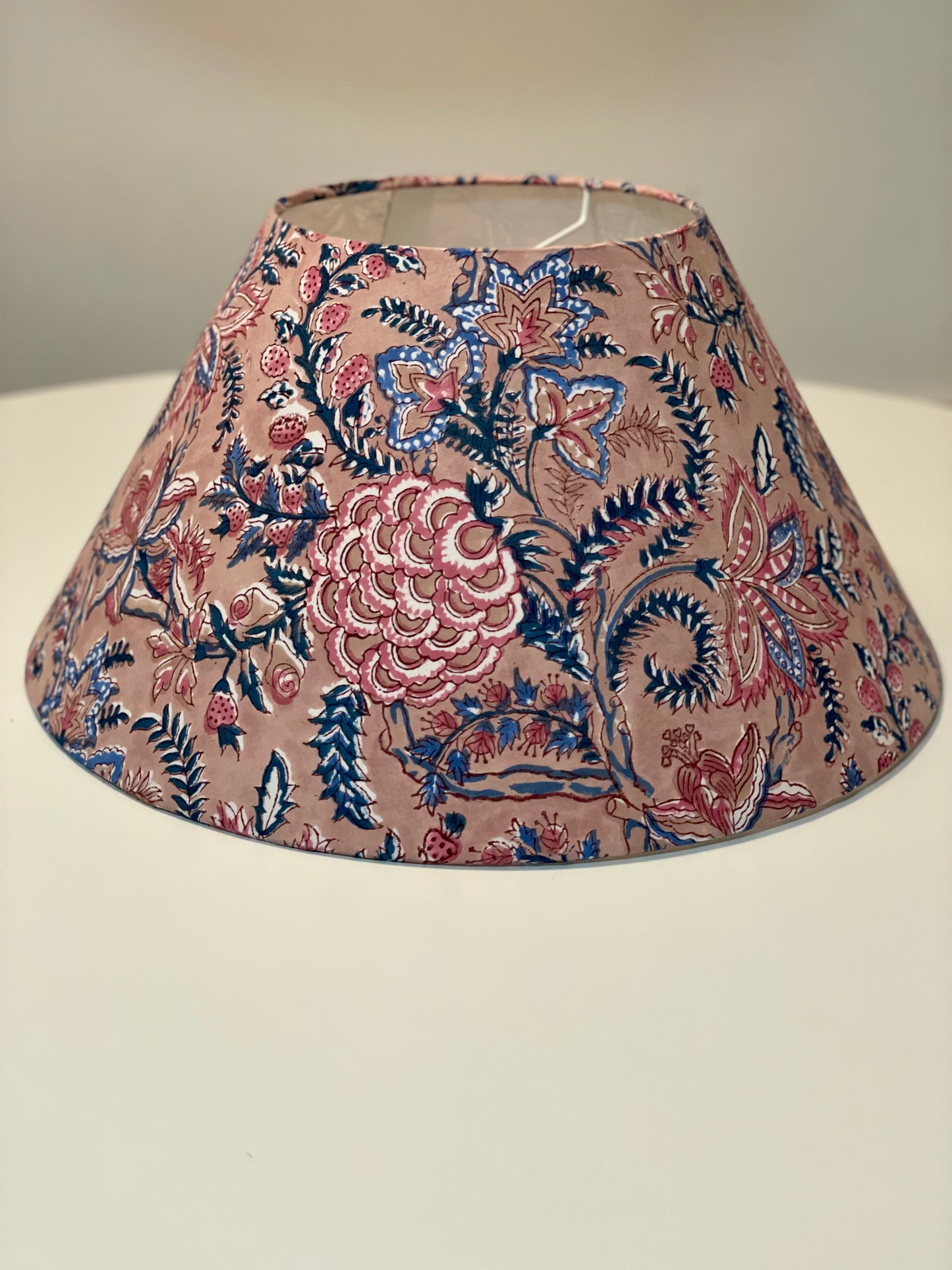 Large Conical Lampshade. Cabbage Rose Buti Sanganeri Block Print. Shades of Ruddy Pink, Redwood, and Deep Teal.