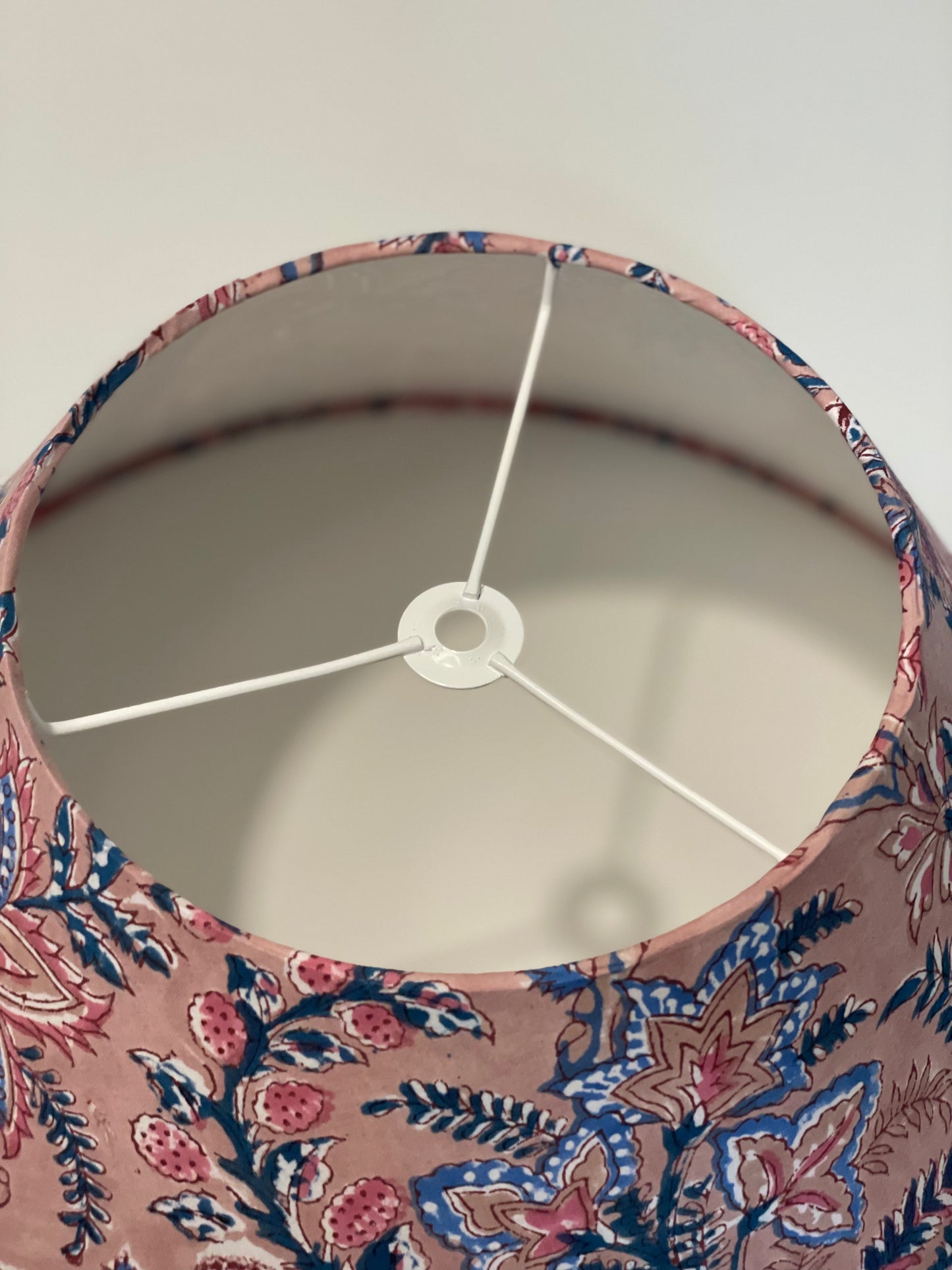 Large Conical Lampshade. Cabbage Rose Buti Sanganeri Block Print. Shades of Ruddy Pink, Redwood, and Deep Teal.