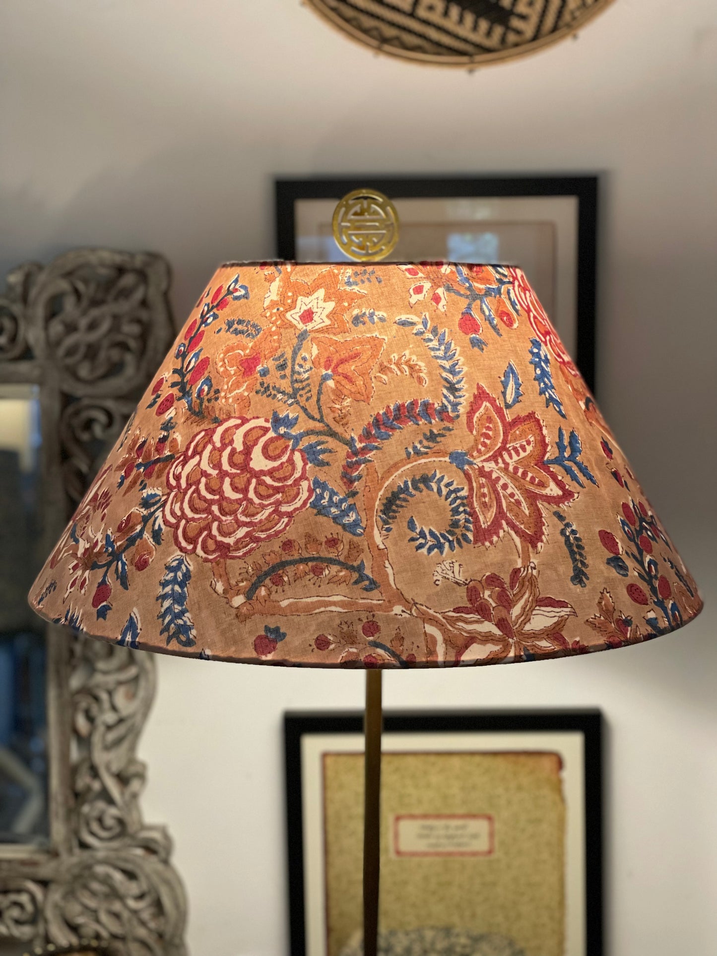 Large Conical Lampshade. Cabbage Rose Buti Sanganeri Block Print. Shades of Camel, Redwood, and Cadet Blue.