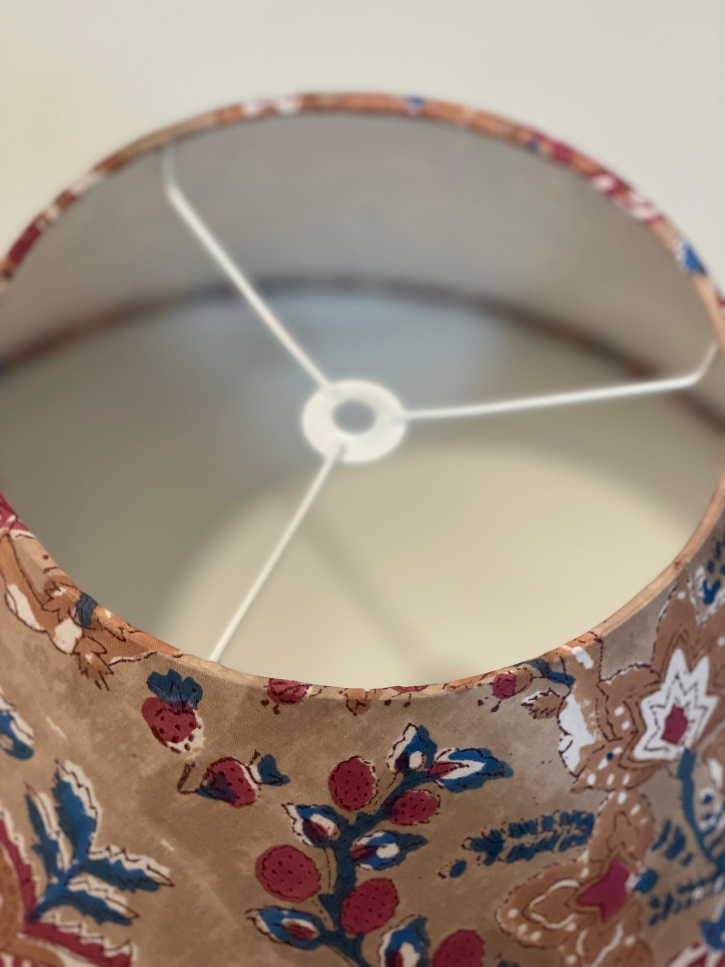 Large Conical Lampshade. Cabbage Rose Buti Sanganeri Block Print. Shades of Camel, Redwood, and Cadet Blue.