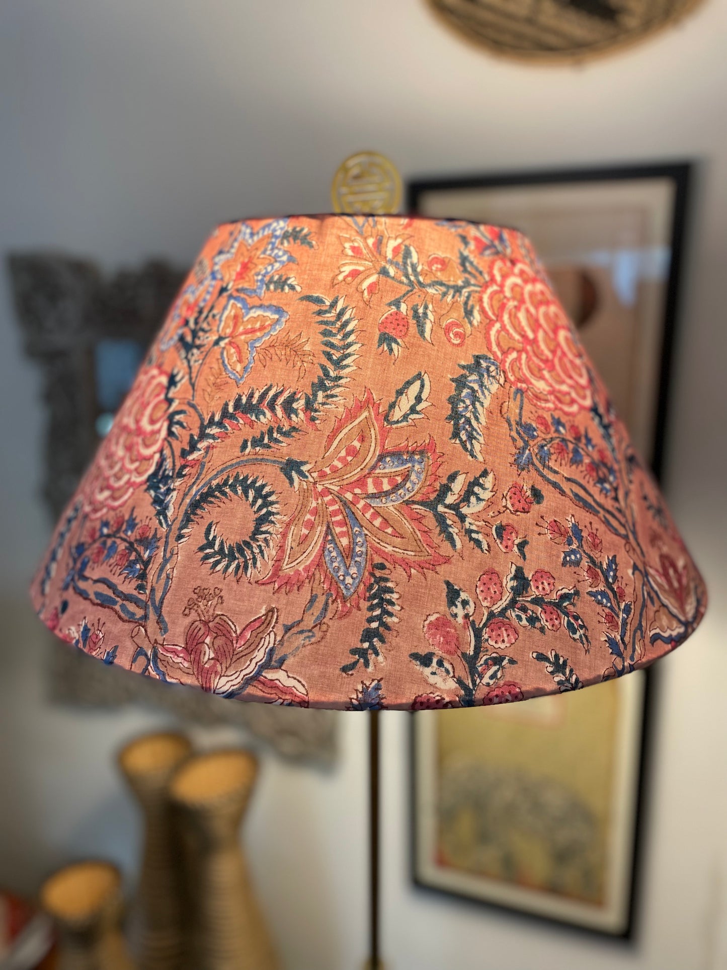 Large Conical Lampshade. Cabbage Rose Buti Sanganeri Block Print. Shades of Ruddy Pink, Redwood, and Deep Teal.
