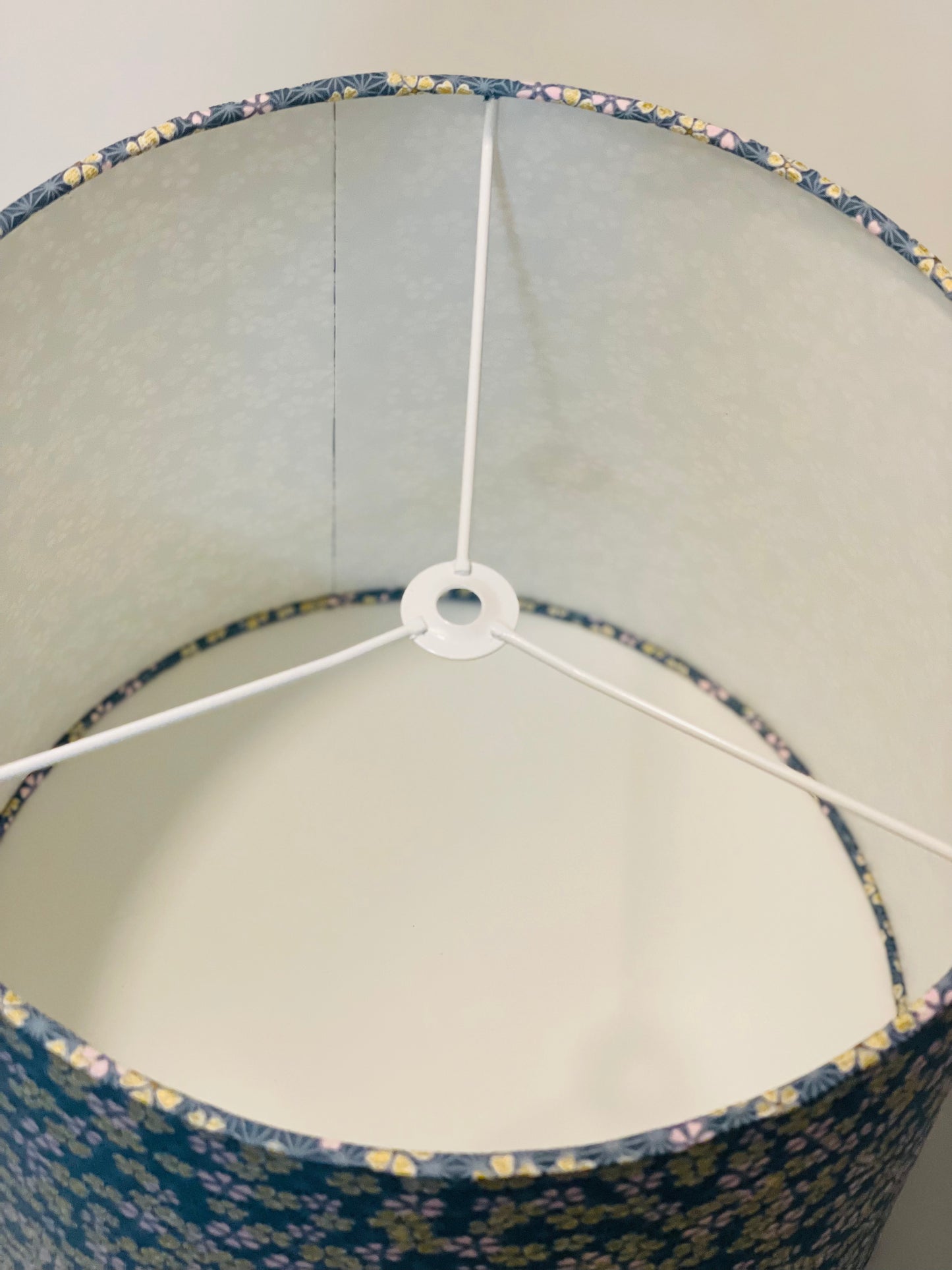 Large Empire Lampshade. 11.75 x 13.75 x 11.75. Japanese Cherry Blossom Motif, Light Teal, Gold, and Pale Pink.