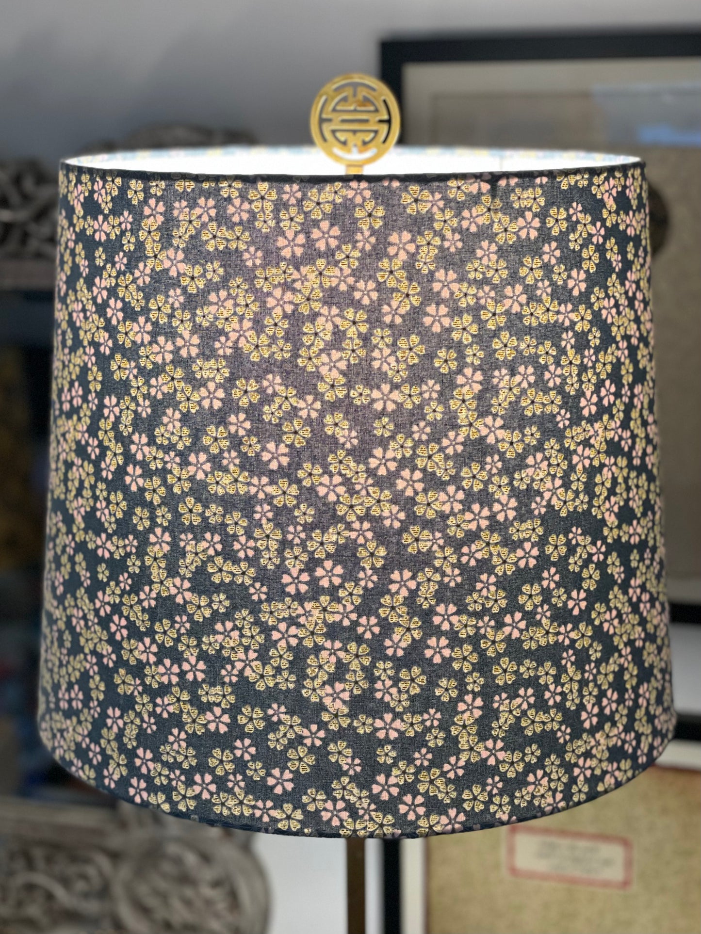 Large Empire Lampshade. 11.75 x 13.75 x 11.75. Japanese Cherry Blossom Motif, Light Teal, Gold, and Pale Pink.
