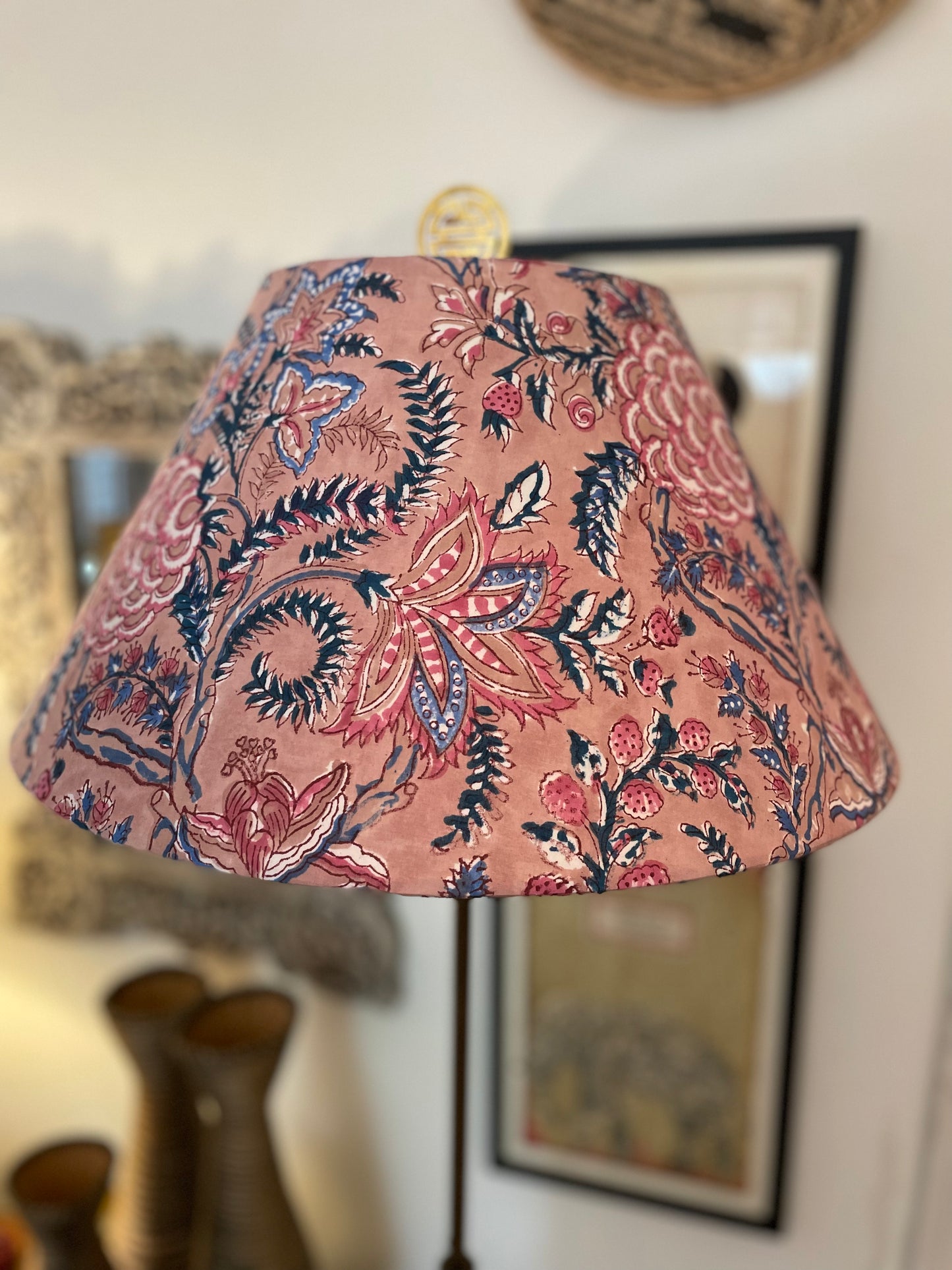 Large Conical Lampshade. Cabbage Rose Buti Sanganeri Block Print. Shades of Ruddy Pink, Redwood, and Deep Teal.