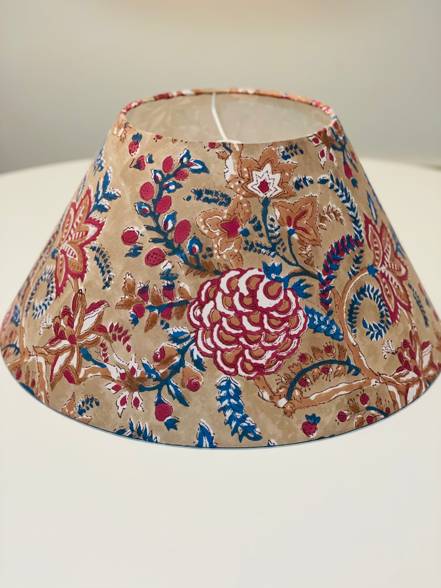 Large Conical Lampshade. Cabbage Rose Buti Sanganeri Block Print. Shades of Camel, Redwood, and Cadet Blue.
