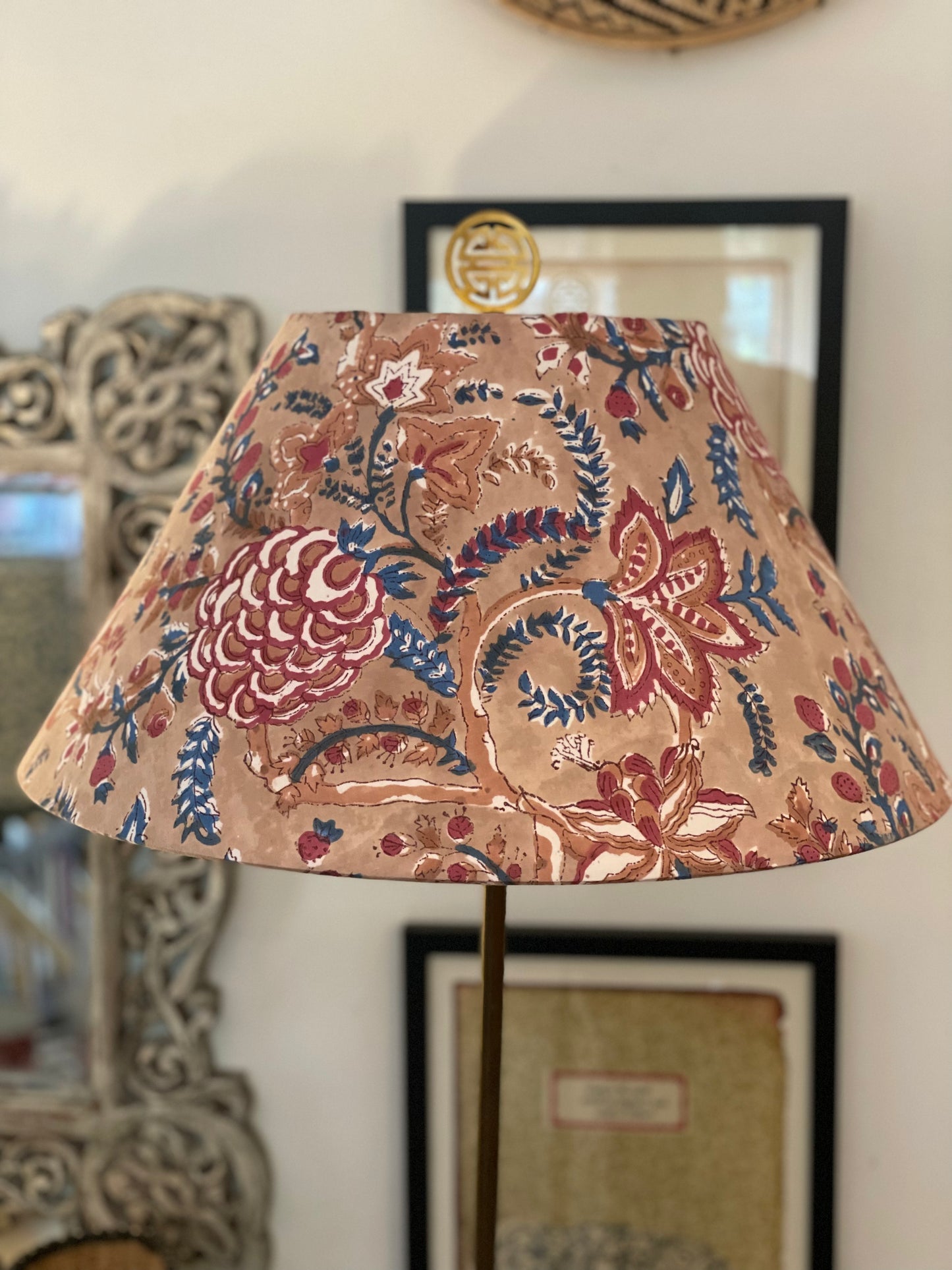 Large Conical Lampshade. Cabbage Rose Buti Sanganeri Block Print. Shades of Camel, Redwood, and Cadet Blue.