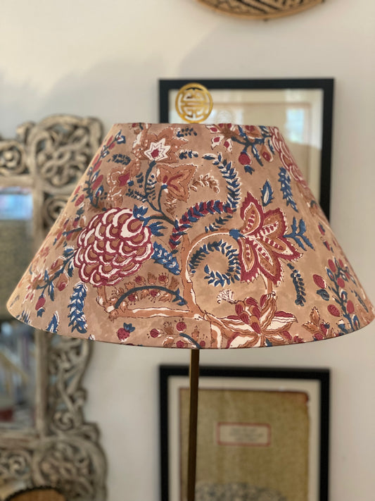 Large Conical Lampshade. Cabbage Rose Buti Sanganeri Block Print. Shades of Camel, Redwood, and Cadet Blue.