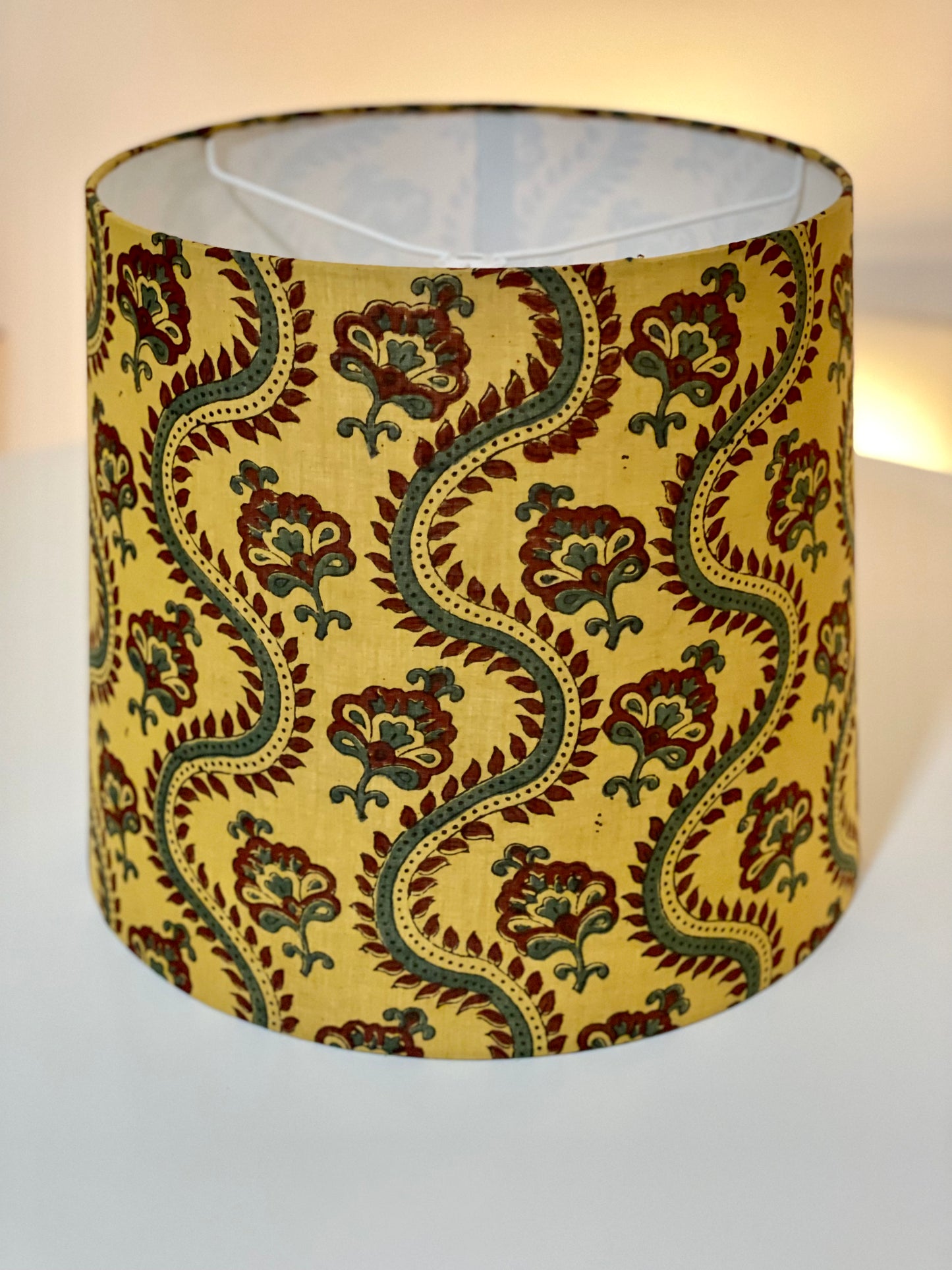 Large Empire Shade. 11.75 x 13.75 x 11.75. Ajrakh Mul Cotton Block Print. Mustard Yellow with Maroon and Cadet Blue Details.