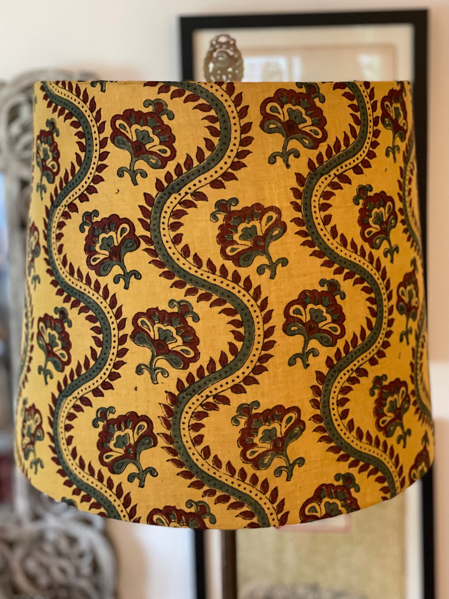 Large Empire Shade. 11.75 x 13.75 x 11.75. Ajrakh Mul Cotton Block Print. Mustard Yellow with Maroon and Cadet Blue Details.