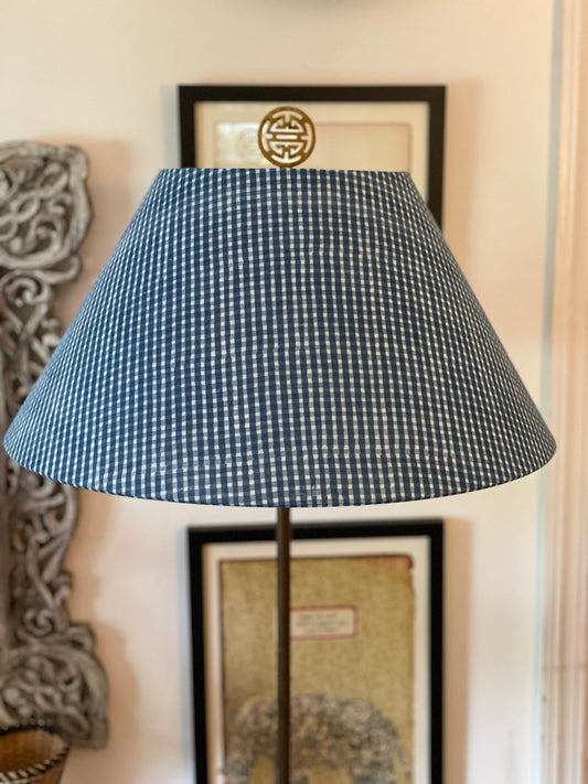 Large Conical Lampshade. Indigo Hand Print from India. Faded Blue Check Pattern.